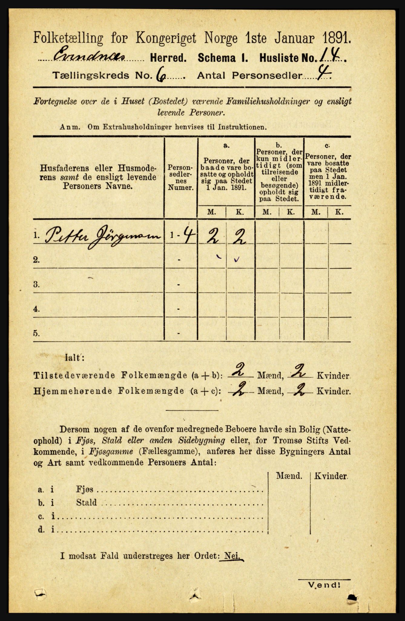 RA, 1891 census for 1853 Evenes, 1891, p. 1898