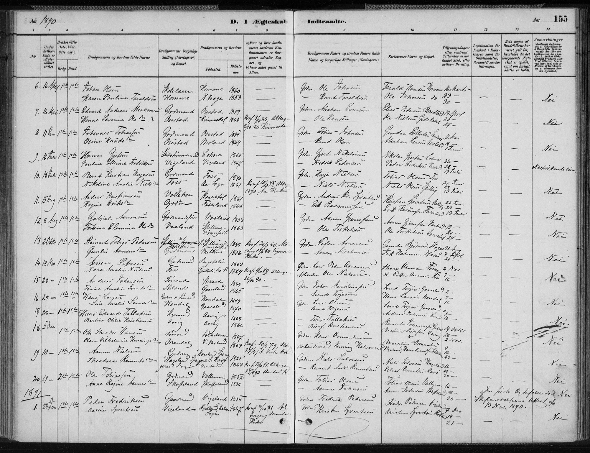 Sør-Audnedal sokneprestkontor, AV/SAK-1111-0039/F/Fa/Fab/L0009: Parish register (official) no. A 9, 1880-1895, p. 155
