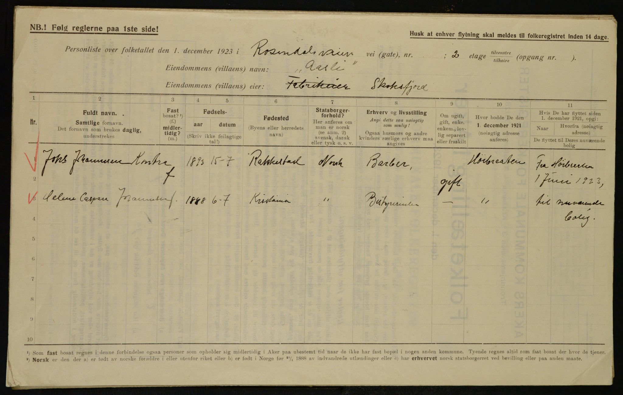 , Municipal Census 1923 for Aker, 1923, p. 44516