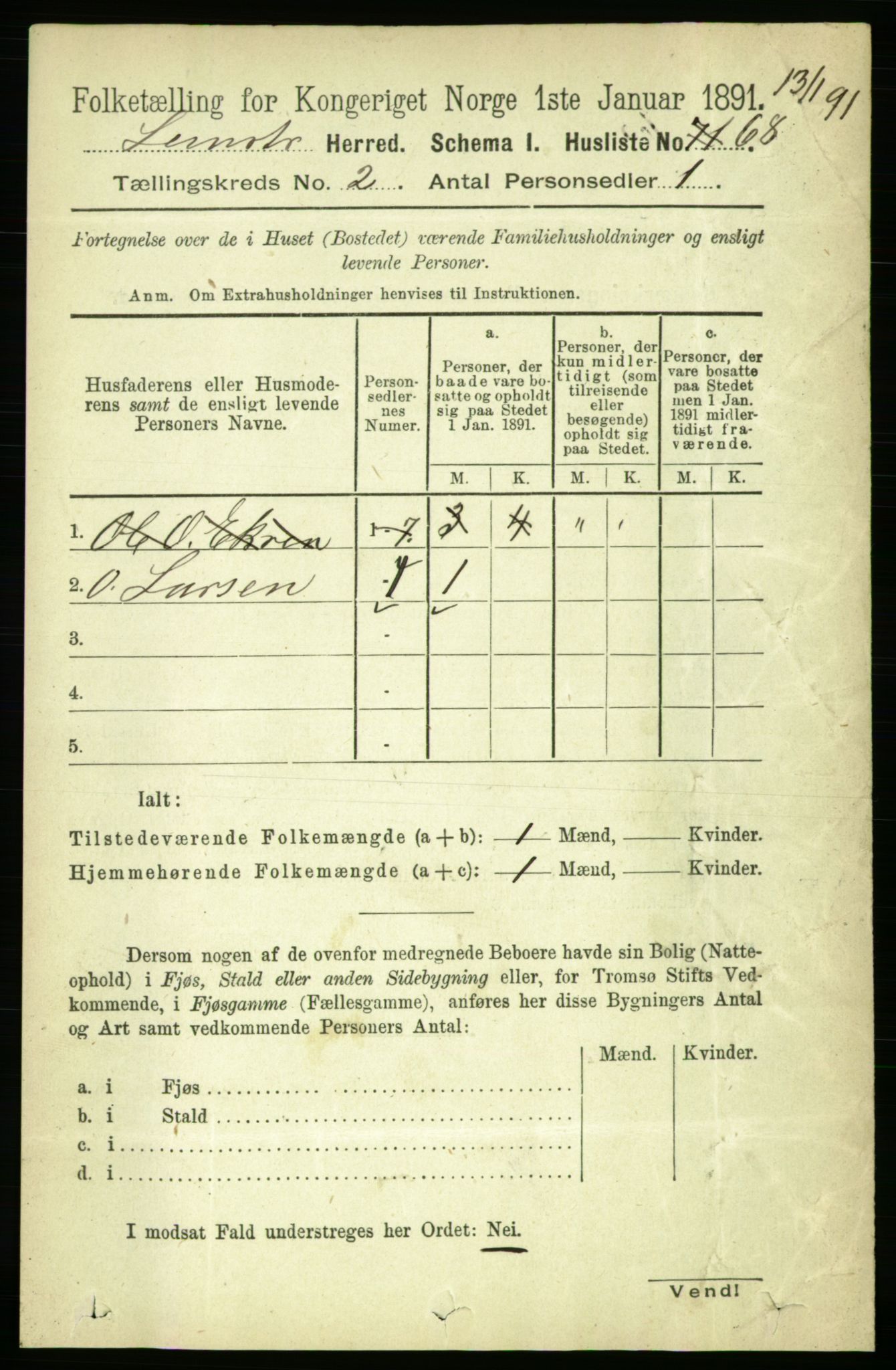 RA, 1891 census for 1654 Leinstrand, 1891, p. 488