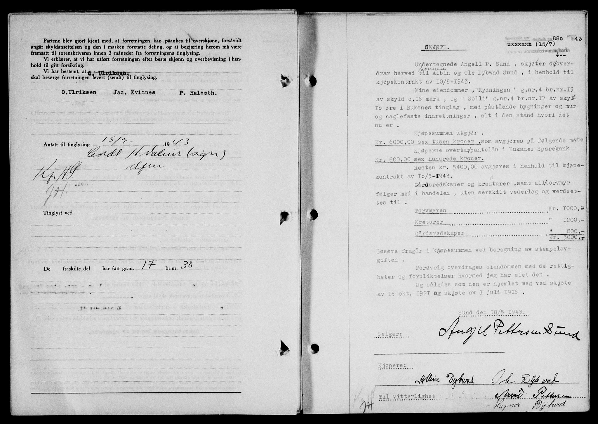 Lofoten sorenskriveri, SAT/A-0017/1/2/2C/L0011a: Mortgage book no. 11a, 1943-1943, Diary no: : 880/1943