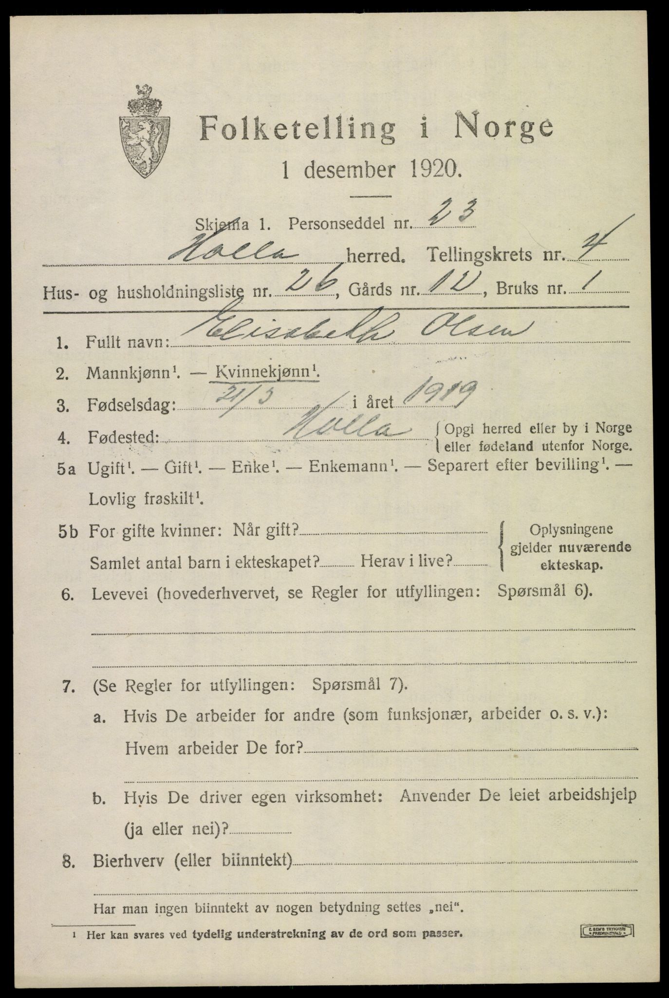 SAKO, 1920 census for Holla, 1920, p. 3973