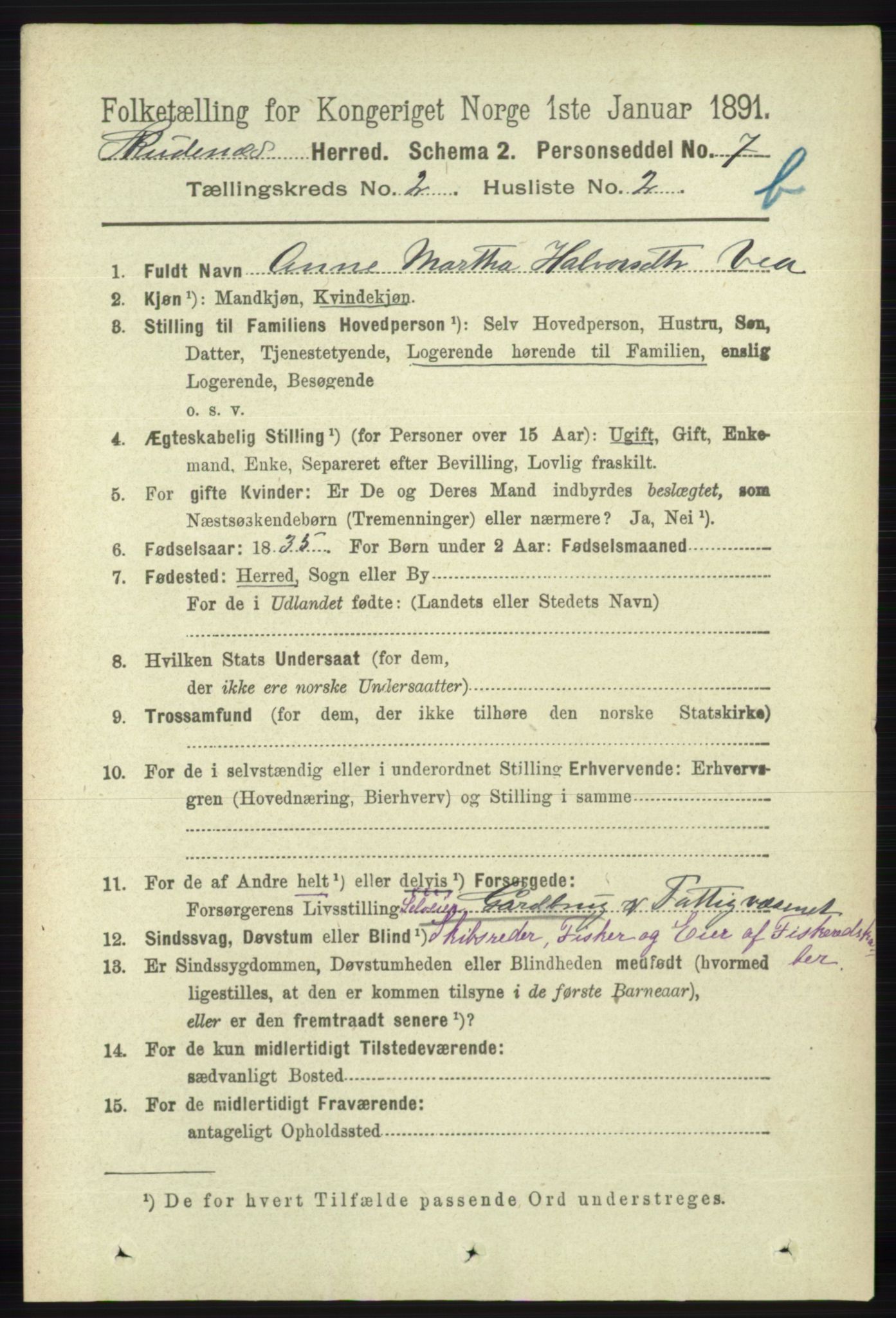 RA, 1891 census for 1150 Skudenes, 1891, p. 3720