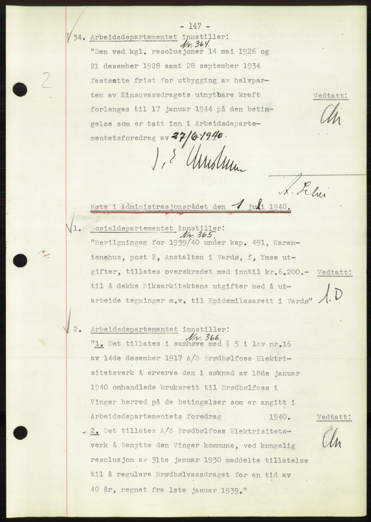 Administrasjonsrådet, RA/S-1004/A/L0002: Vedtaksprotokoll 16/4-25/9, 1940, p. 151