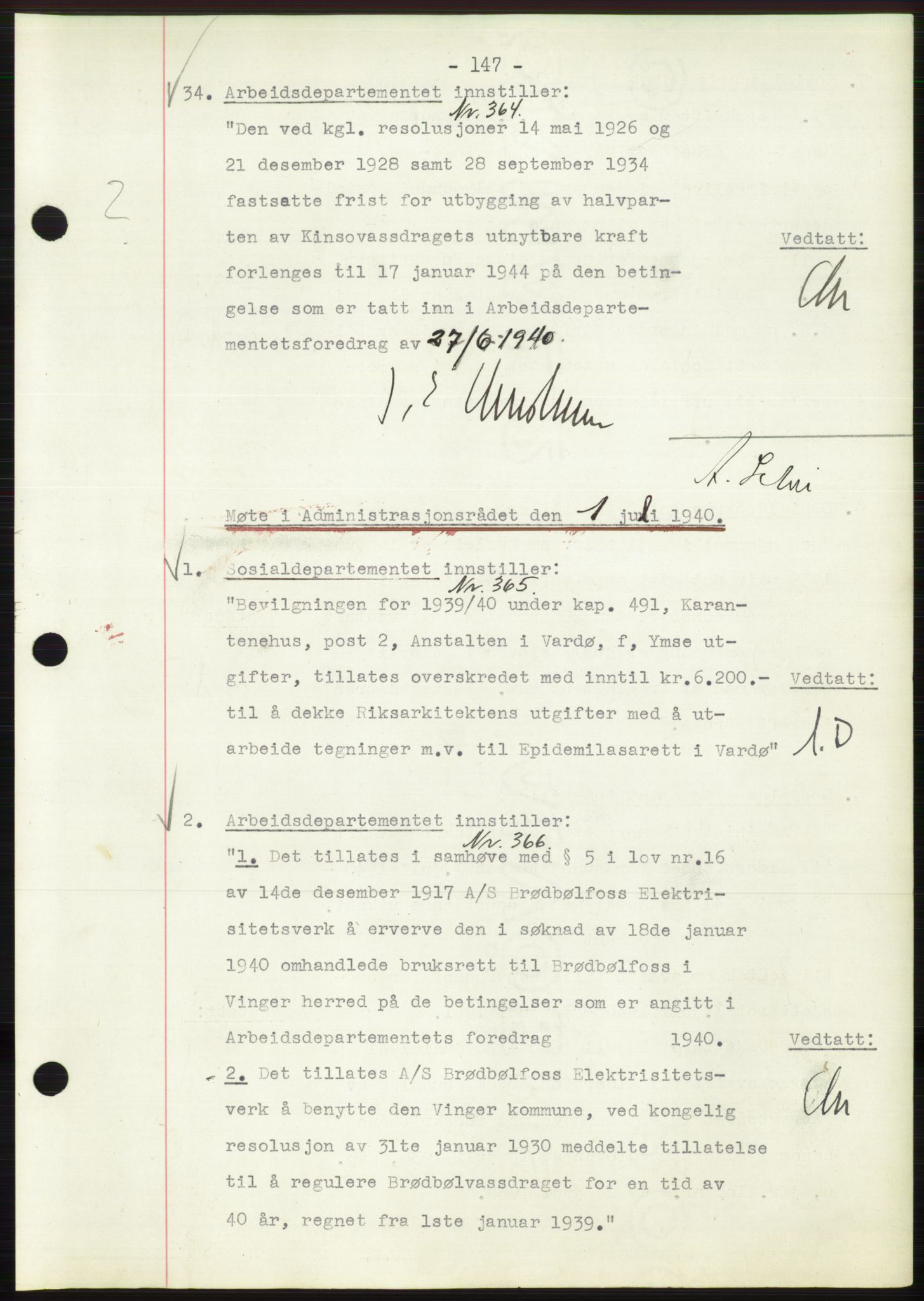 Administrasjonsrådet, AV/RA-S-1004/A/L0002: Vedtaksprotokoll 16/4-25/9, 1940, p. 151