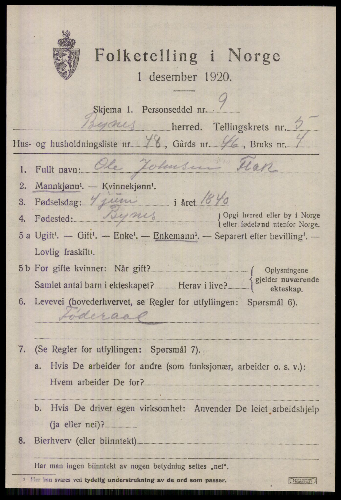 SAT, 1920 census for Byneset, 1920, p. 2996