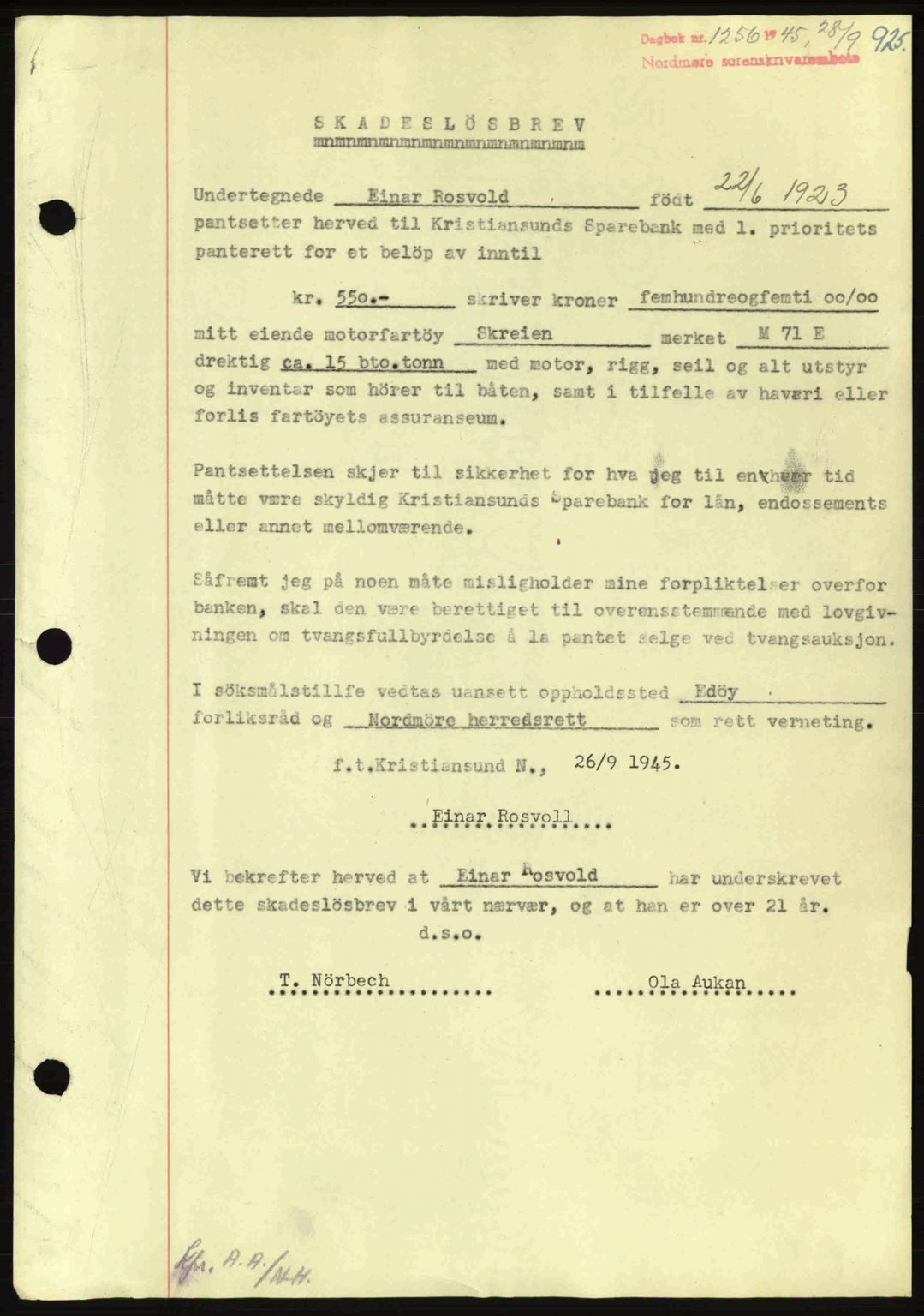 Nordmøre sorenskriveri, AV/SAT-A-4132/1/2/2Ca: Mortgage book no. B92, 1944-1945, Diary no: : 1256/1945