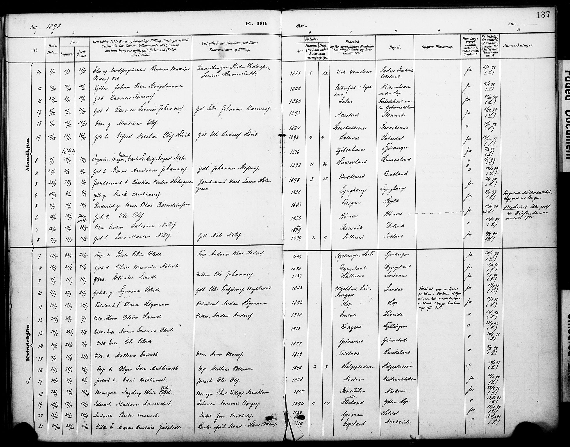 Fana Sokneprestembete, AV/SAB-A-75101/H/Haa/Haai/L0002: Parish register (official) no. I 2, 1888-1899, p. 187