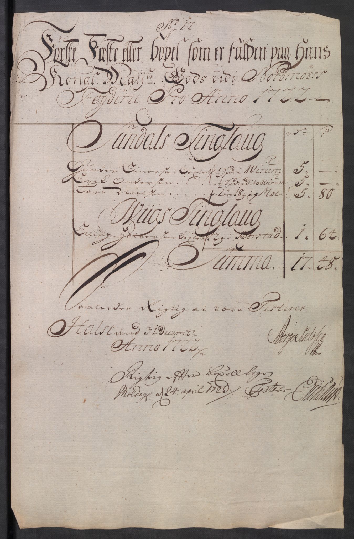 Rentekammeret inntil 1814, Reviderte regnskaper, Fogderegnskap, RA/EA-4092/R56/L3755: Fogderegnskap Nordmøre, 1722, p. 177