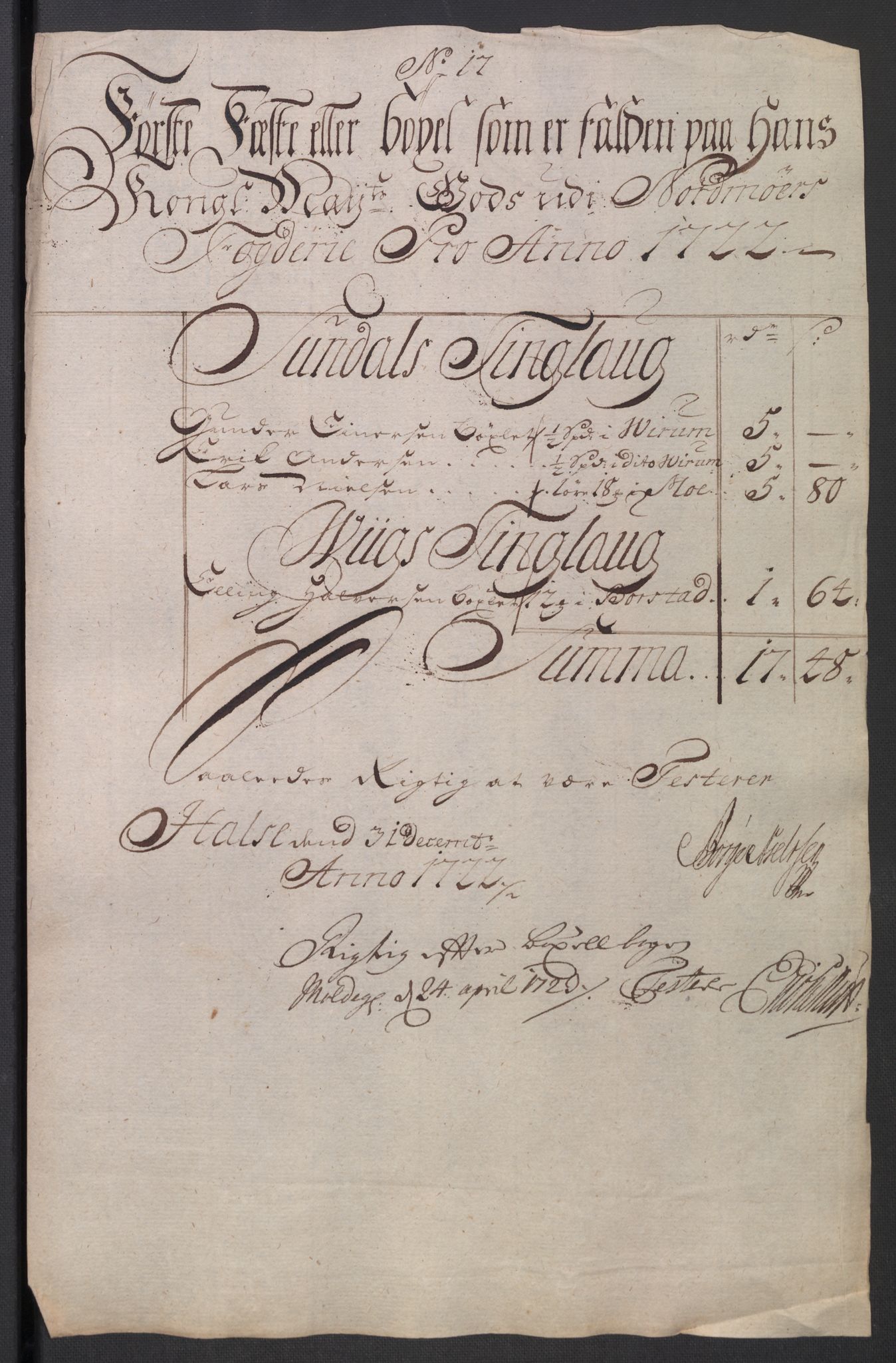 Rentekammeret inntil 1814, Reviderte regnskaper, Fogderegnskap, AV/RA-EA-4092/R56/L3755: Fogderegnskap Nordmøre, 1722, p. 177