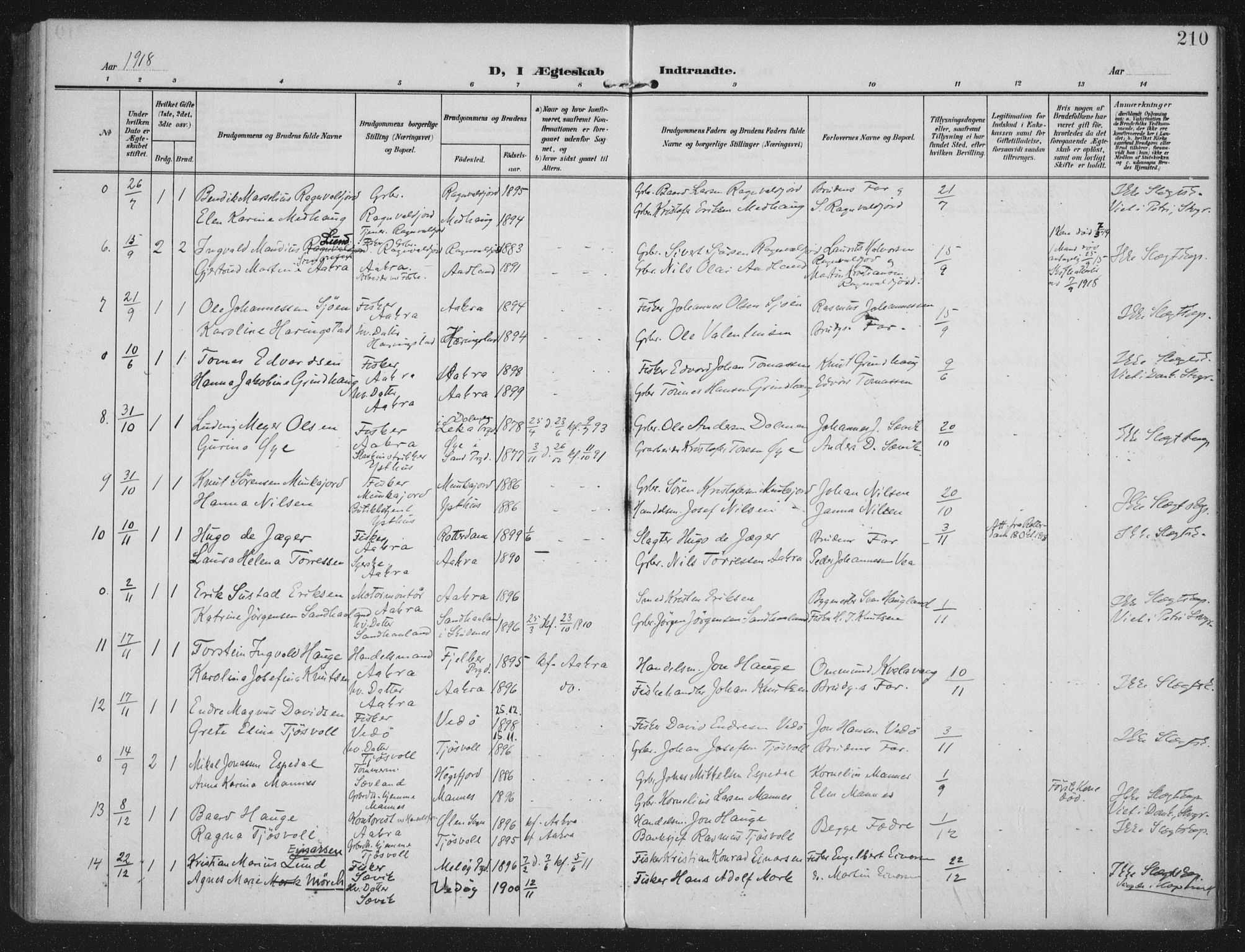 Kopervik sokneprestkontor, AV/SAST-A-101850/H/Ha/Haa/L0005: Parish register (official) no. A 5, 1906-1924, p. 210