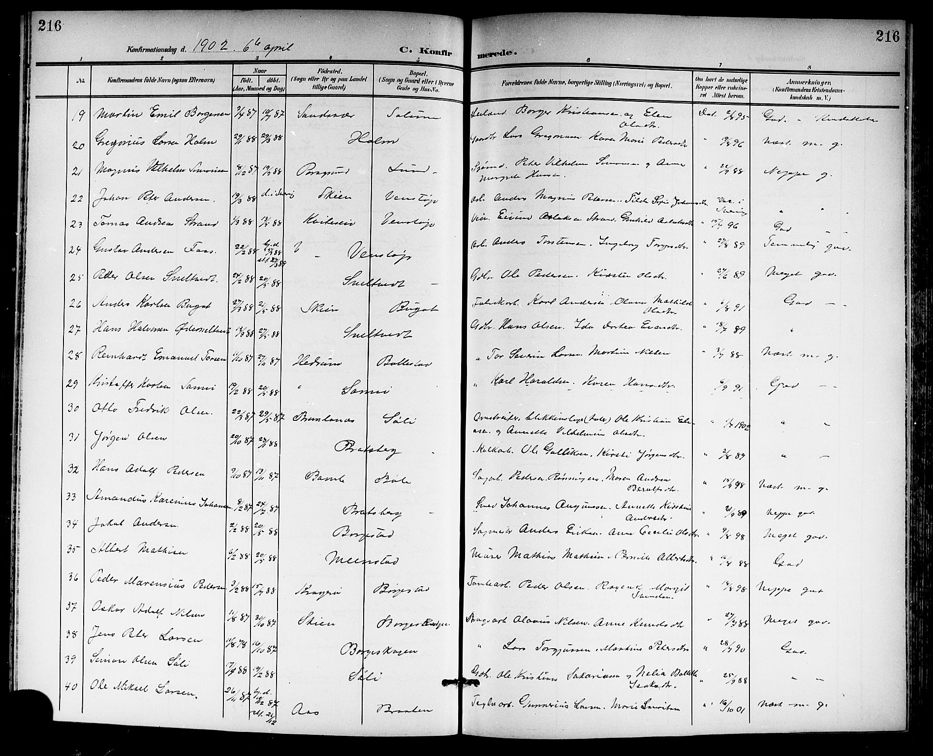Gjerpen kirkebøker, SAKO/A-265/G/Ga/L0003: Parish register (copy) no. I 3, 1901-1919, p. 216