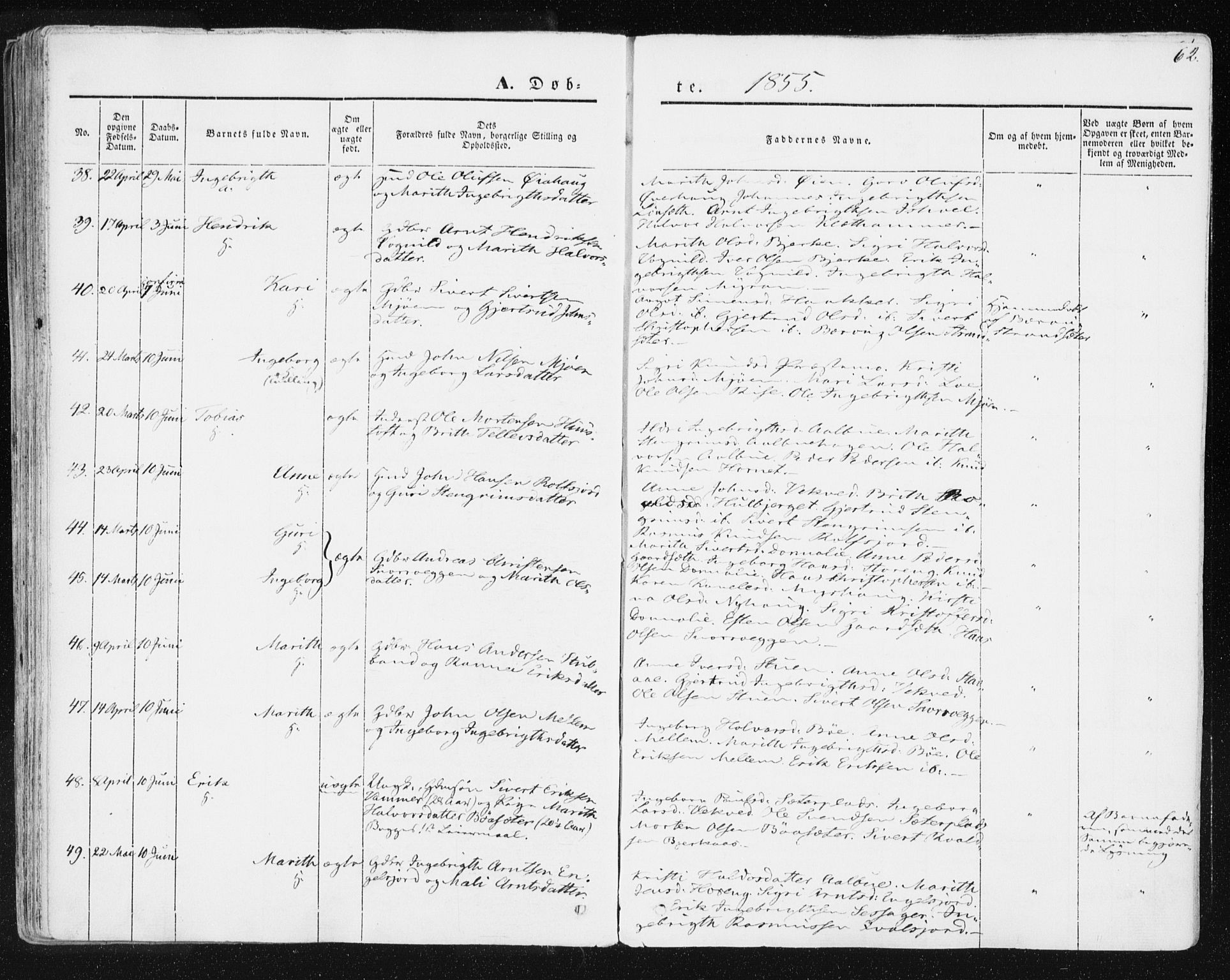 Ministerialprotokoller, klokkerbøker og fødselsregistre - Sør-Trøndelag, SAT/A-1456/678/L0899: Parish register (official) no. 678A08, 1848-1872, p. 62