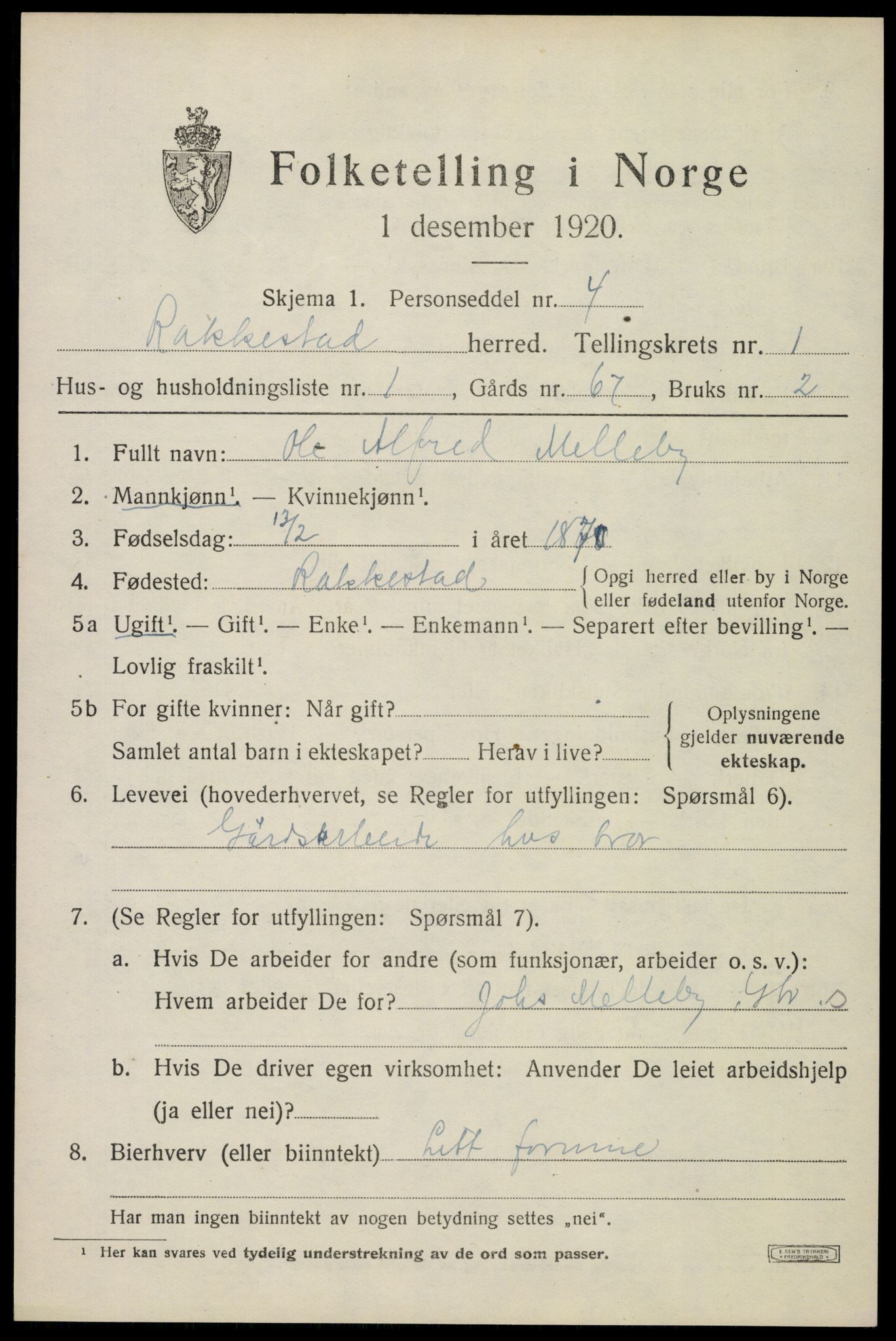 SAO, 1920 census for Rakkestad, 1920, p. 1623