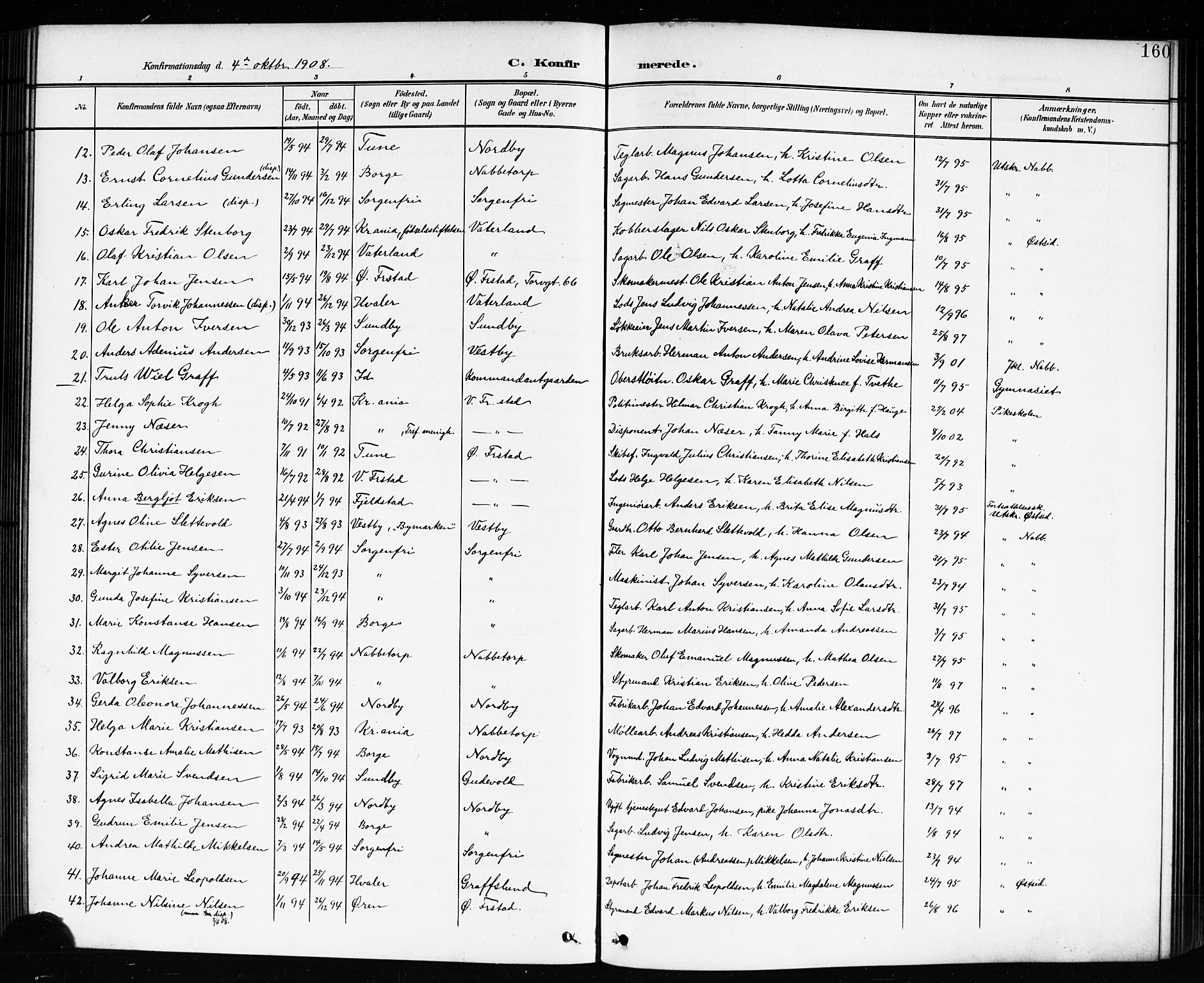 Østre Fredrikstad prestekontor Kirkebøker, AV/SAO-A-10907/G/Ga/L0002: Parish register (copy) no. 2, 1900-1919, p. 160