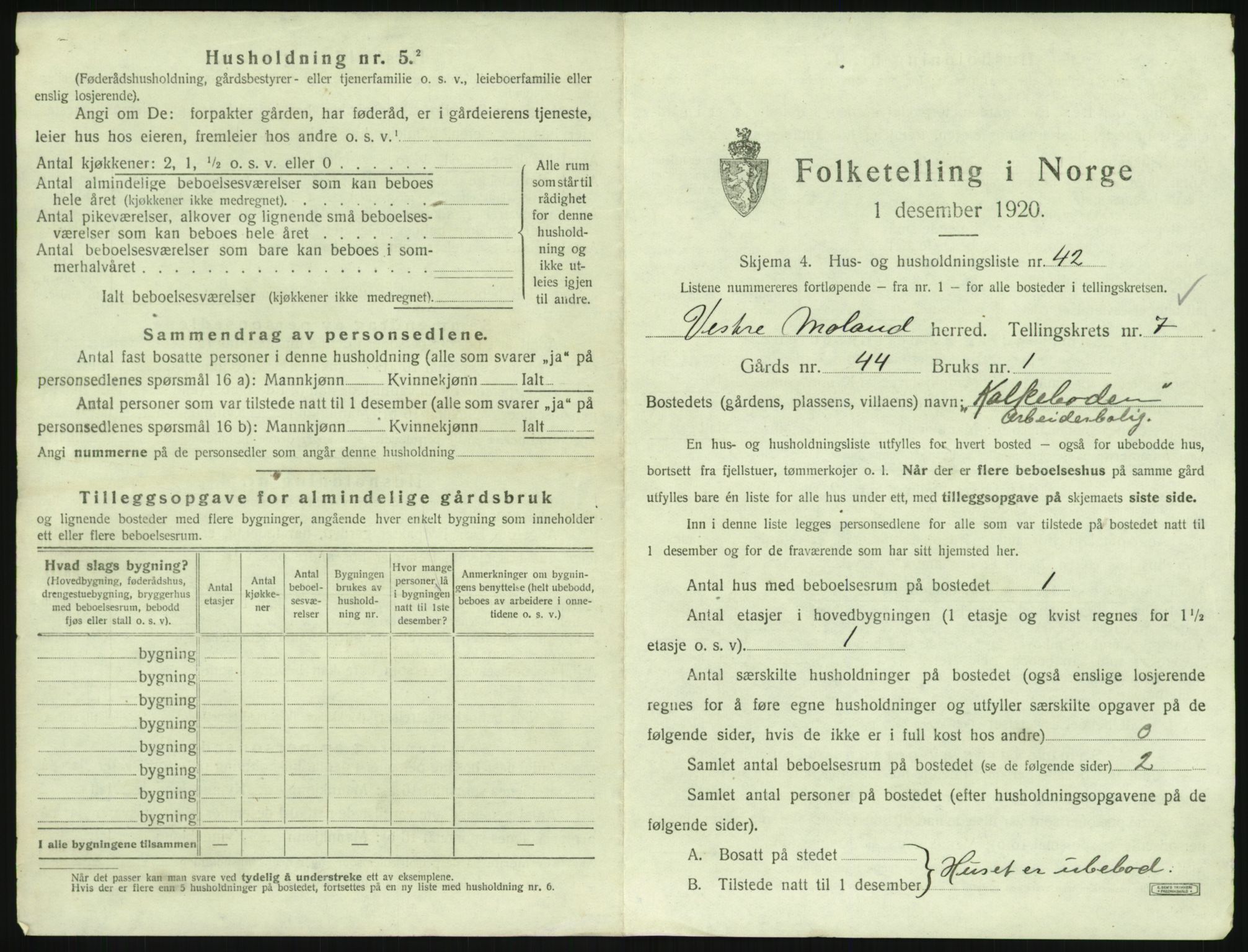 SAK, 1920 census for Vestre Moland, 1920, p. 949