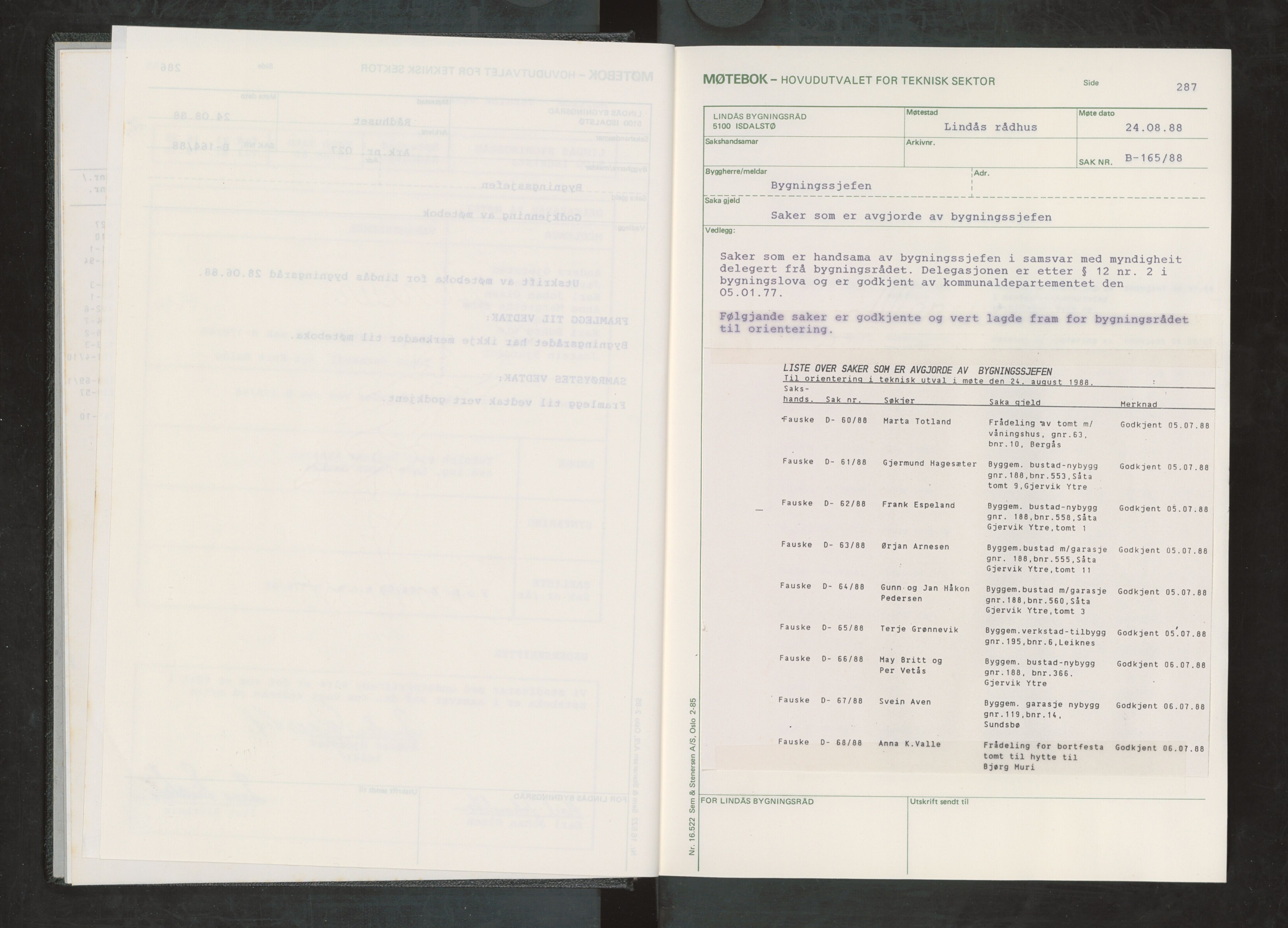 Lindås kommune. Bygningsrådet, IKAH/1263-511/A/Aa/L0063: Møtebok for Lindås bygningsråd, 1988