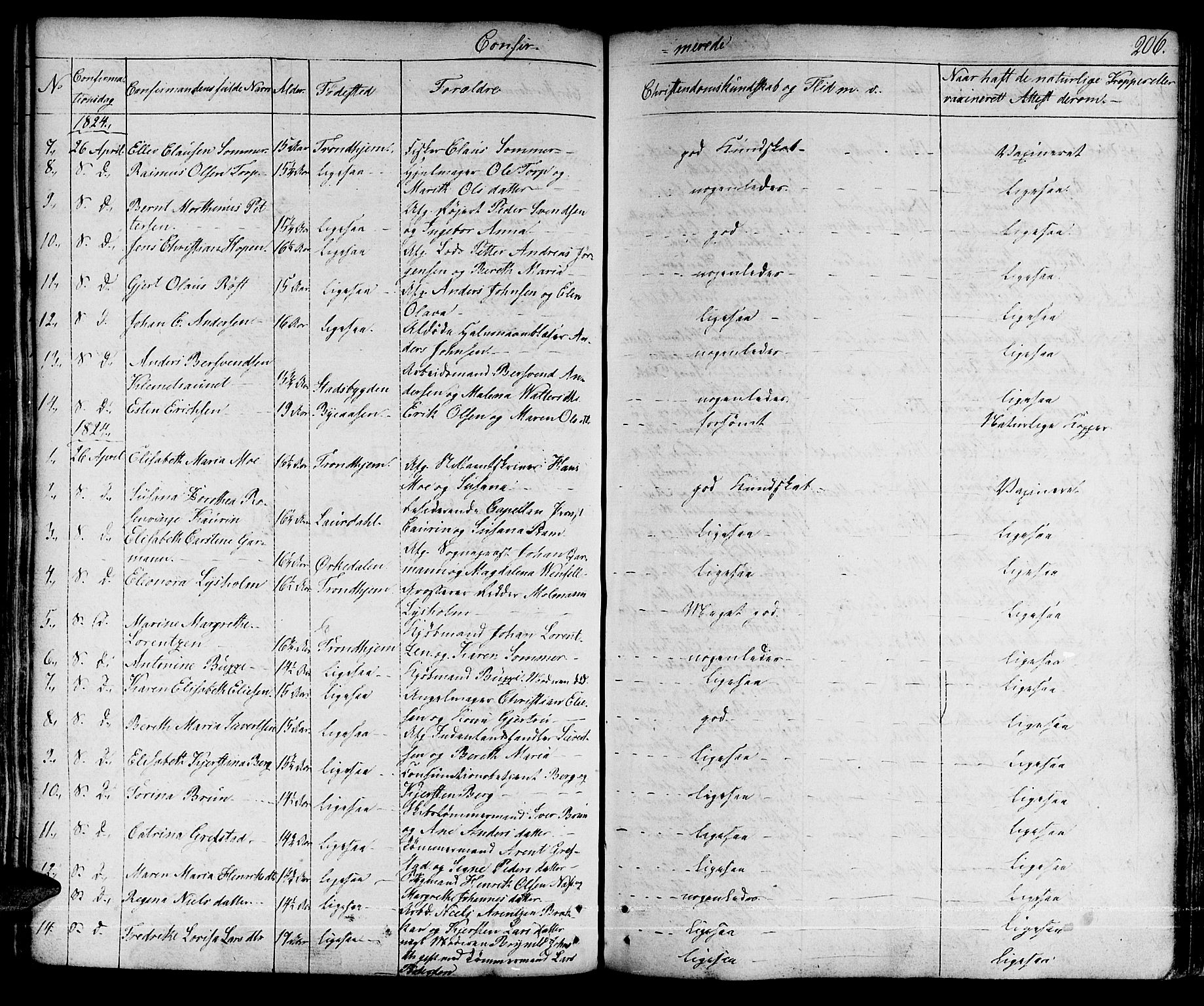 Ministerialprotokoller, klokkerbøker og fødselsregistre - Sør-Trøndelag, SAT/A-1456/601/L0045: Parish register (official) no. 601A13, 1821-1831, p. 206