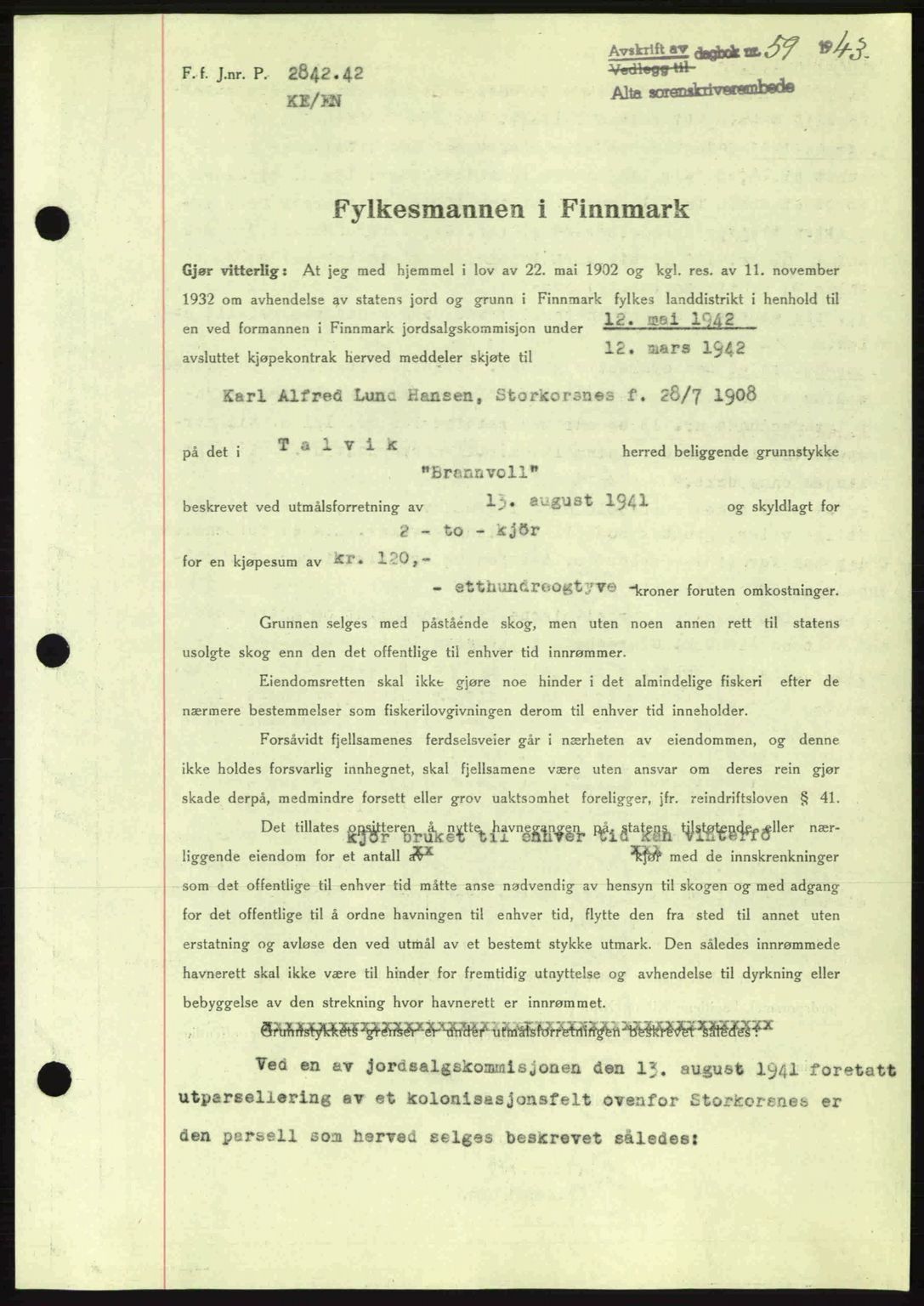 Alta fogderi/sorenskriveri, SATØ/SATØ-5/1/K/Kd/L0033pantebok: Mortgage book no. 33, 1940-1943, Diary no: : 59/1943