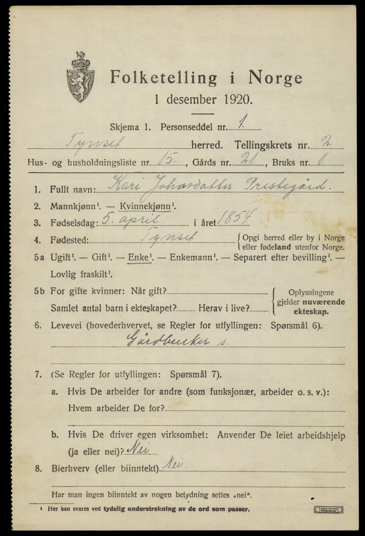 SAH, 1920 census for Tynset, 1920, p. 2460