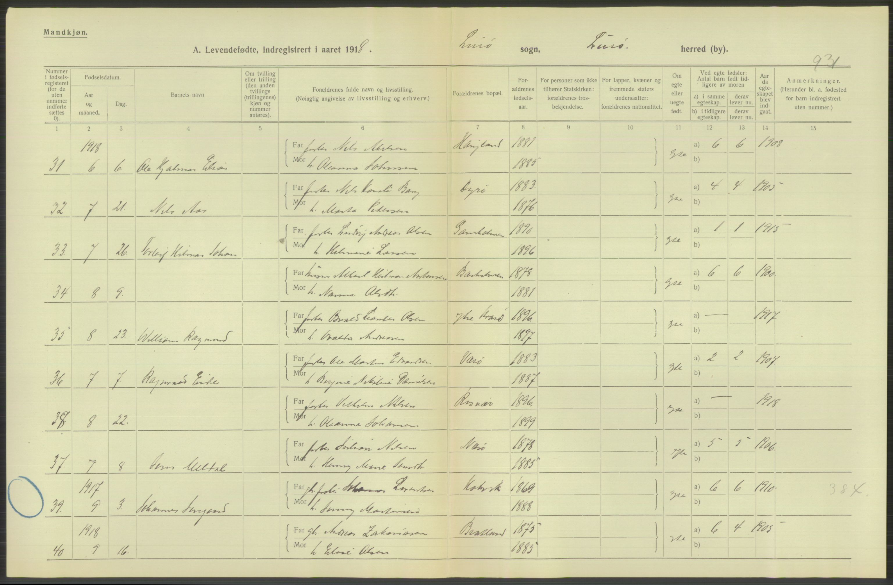 Statistisk sentralbyrå, Sosiodemografiske emner, Befolkning, AV/RA-S-2228/D/Df/Dfb/Dfbh/L0052: Nordland fylke: Levendefødte menn og kvinner. Bygder., 1918, p. 582