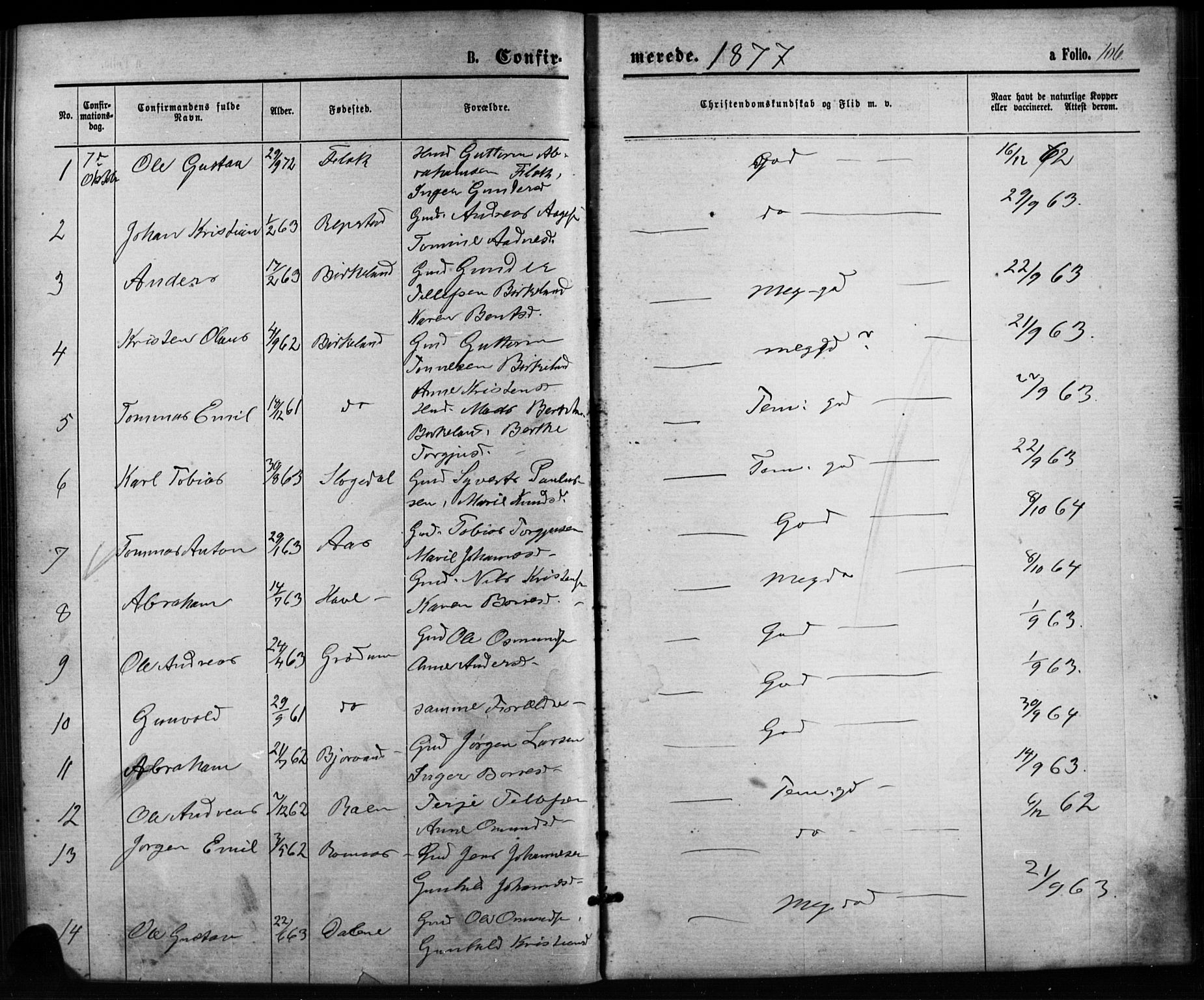Birkenes sokneprestkontor, SAK/1111-0004/F/Fb/L0003: Parish register (copy) no. B 3, 1876-1892, p. 106