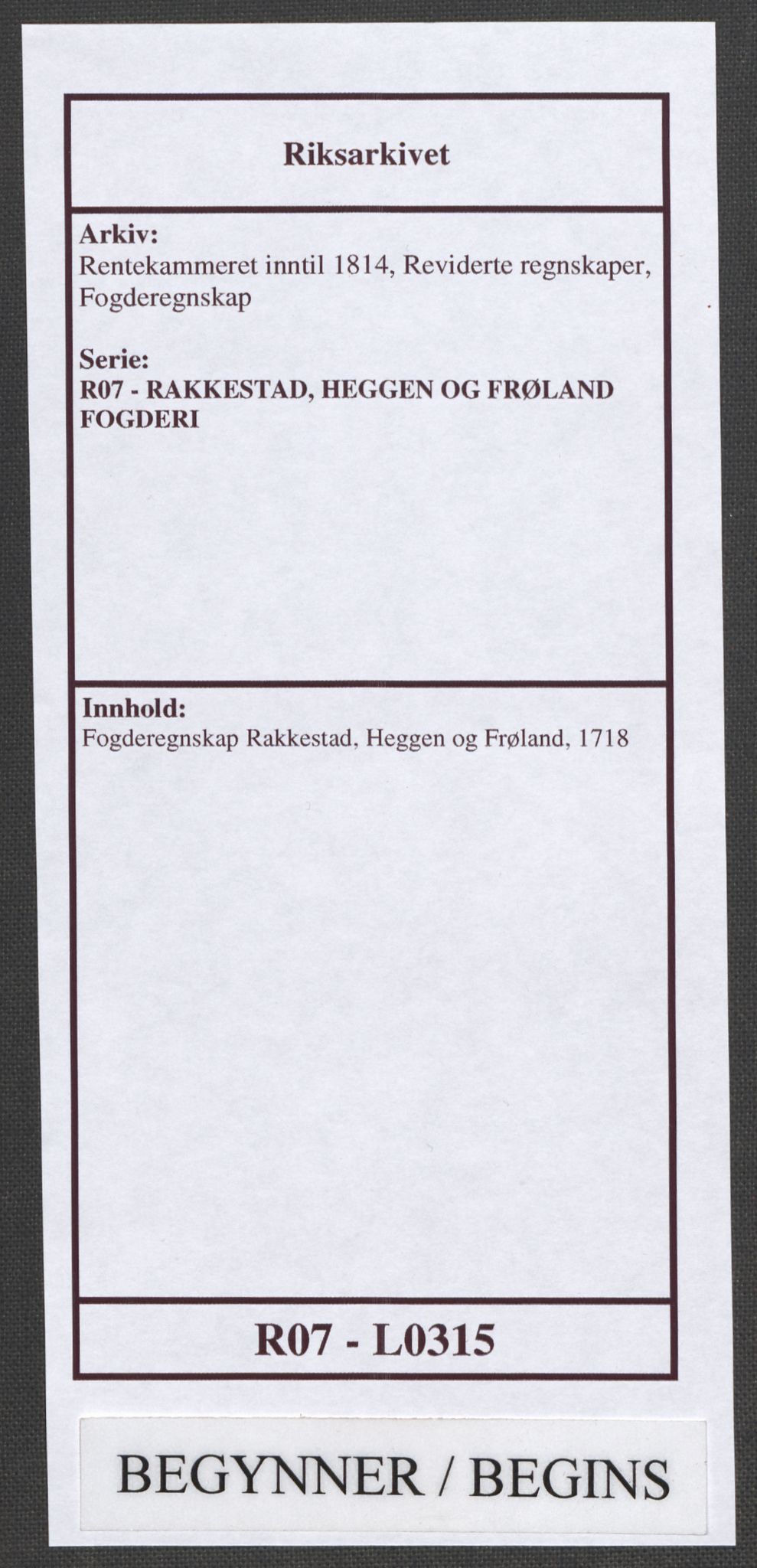 Rentekammeret inntil 1814, Reviderte regnskaper, Fogderegnskap, AV/RA-EA-4092/R07/L0315: Fogderegnskap Rakkestad, Heggen og Frøland, 1718, p. 1