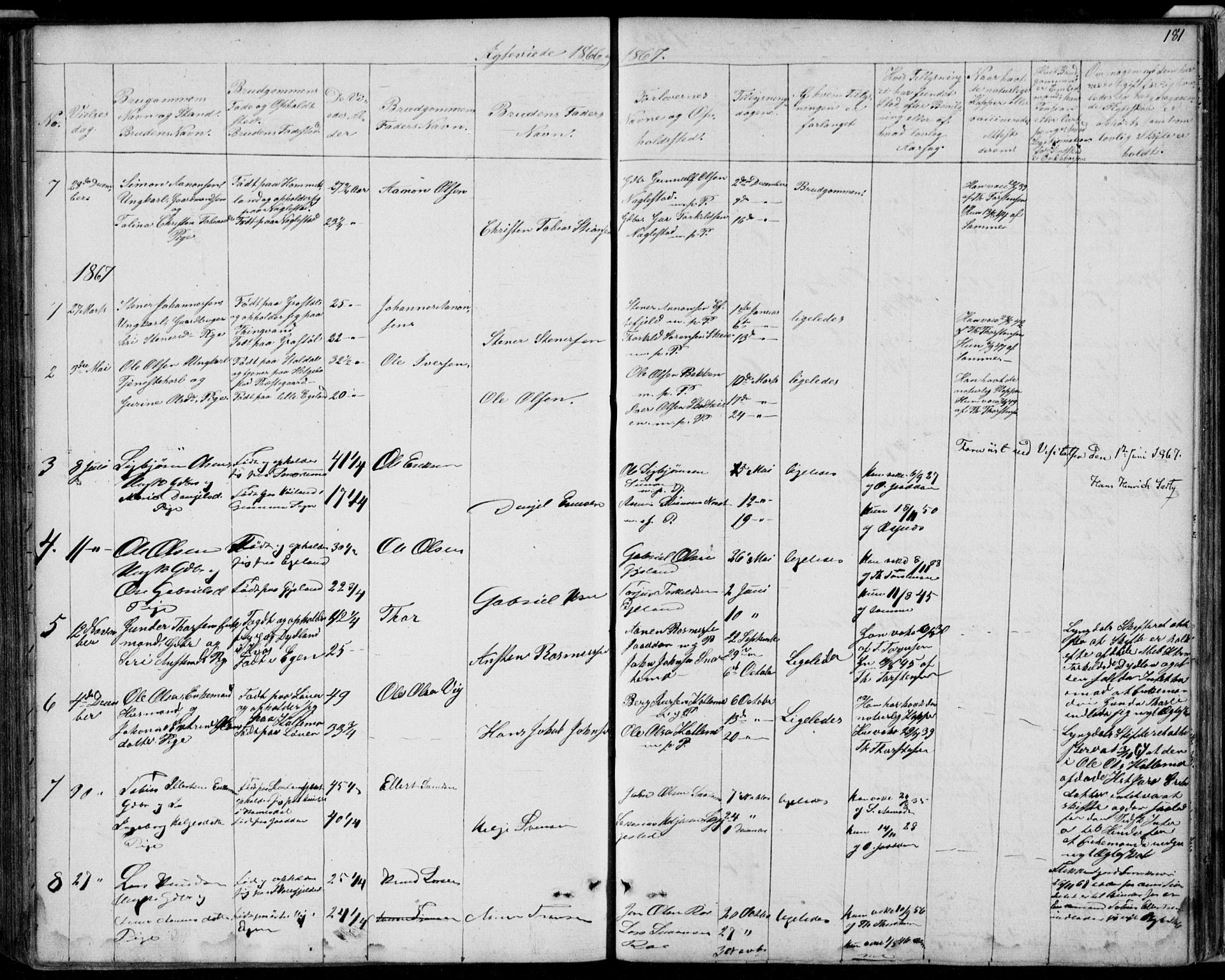 Hægebostad sokneprestkontor, SAK/1111-0024/F/Fb/Fba/L0002: Parish register (copy) no. B 2, 1851-1882, p. 181