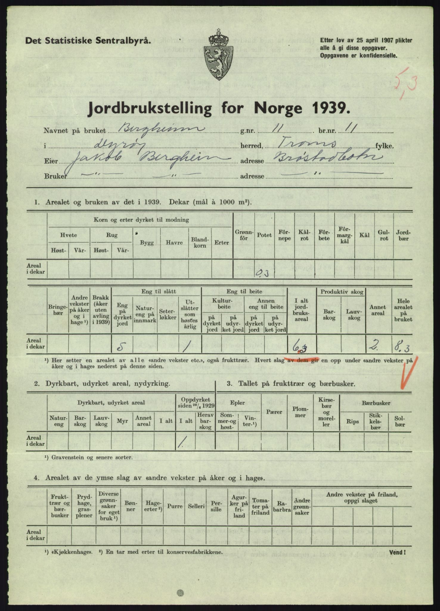 Statistisk sentralbyrå, Næringsøkonomiske emner, Jordbruk, skogbruk, jakt, fiske og fangst, AV/RA-S-2234/G/Gb/L0340: Troms: Salangen og Dyrøy, 1939, p. 874