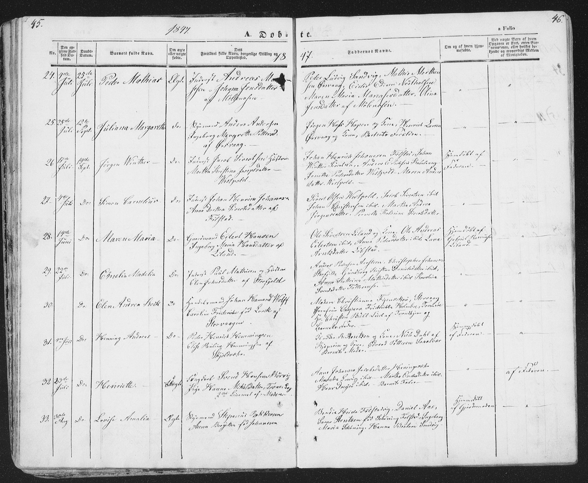Ministerialprotokoller, klokkerbøker og fødselsregistre - Nordland, AV/SAT-A-1459/874/L1072: Parish register (copy) no. 874C01, 1843-1859, p. 45-46