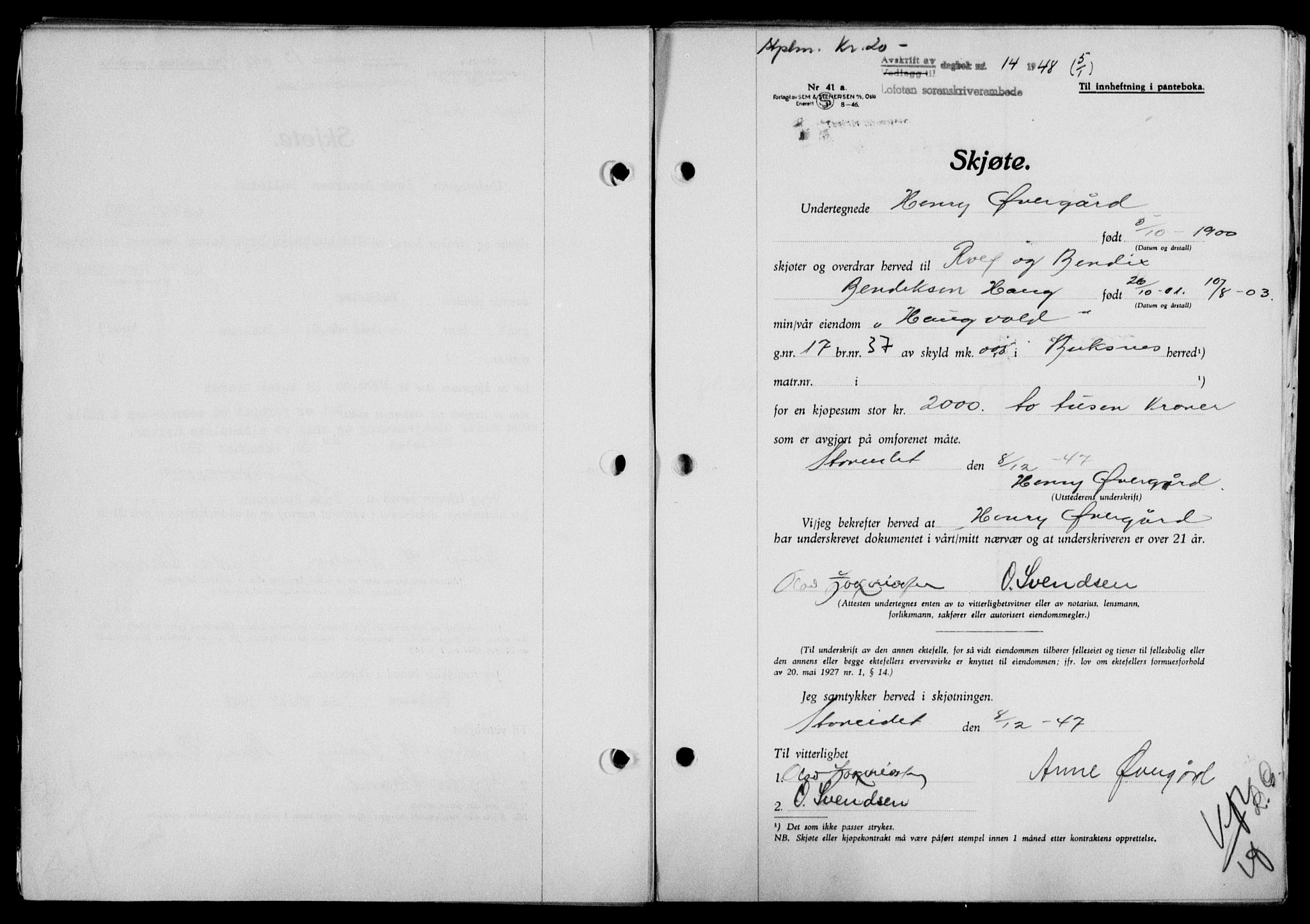 Lofoten sorenskriveri, SAT/A-0017/1/2/2C/L0017a: Mortgage book no. 17a, 1947-1948, Diary no: : 14/1948