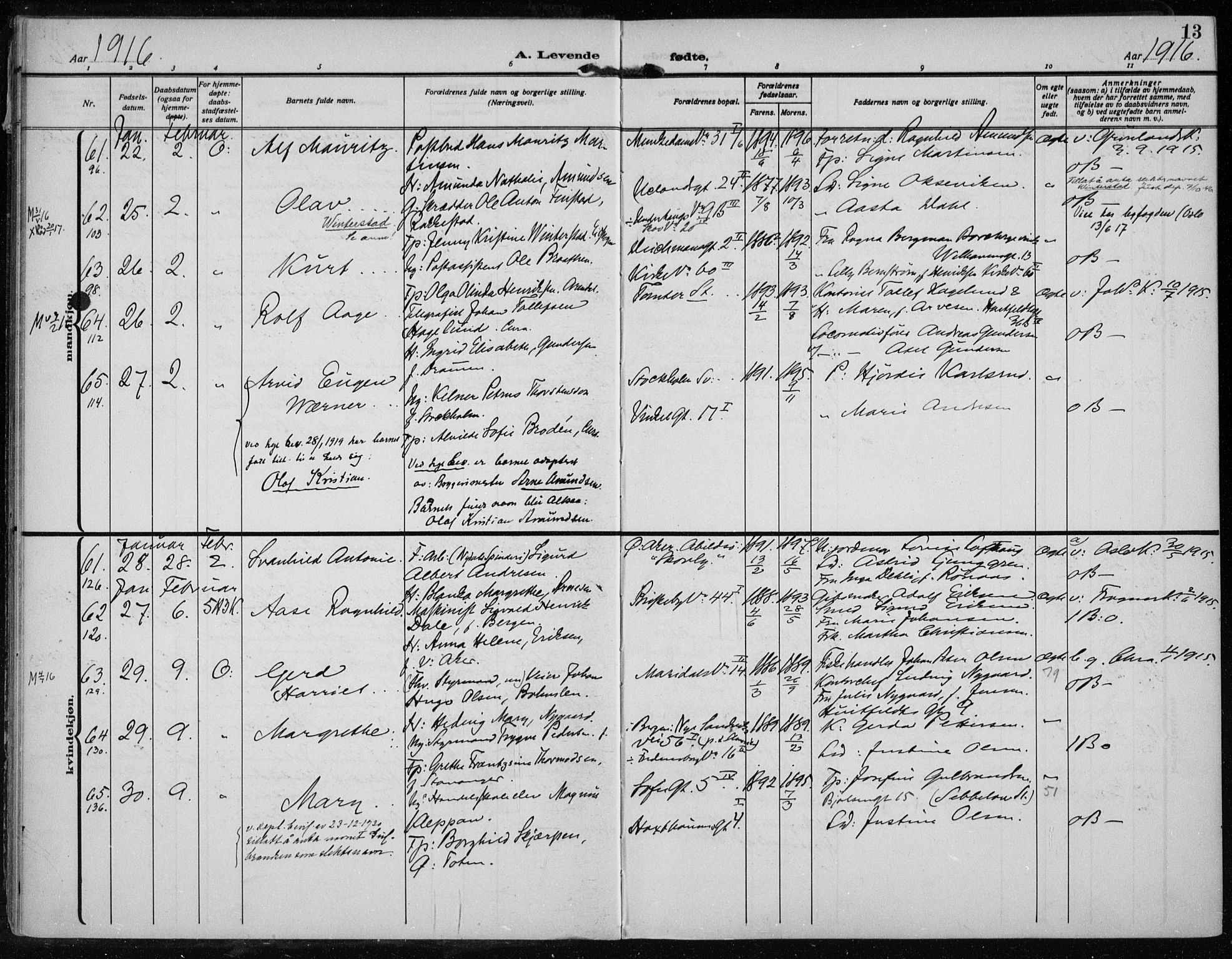 Rikshospitalet prestekontor Kirkebøker, AV/SAO-A-10309b/F/L0016: Parish register (official) no. 16, 1916-1918, p. 13