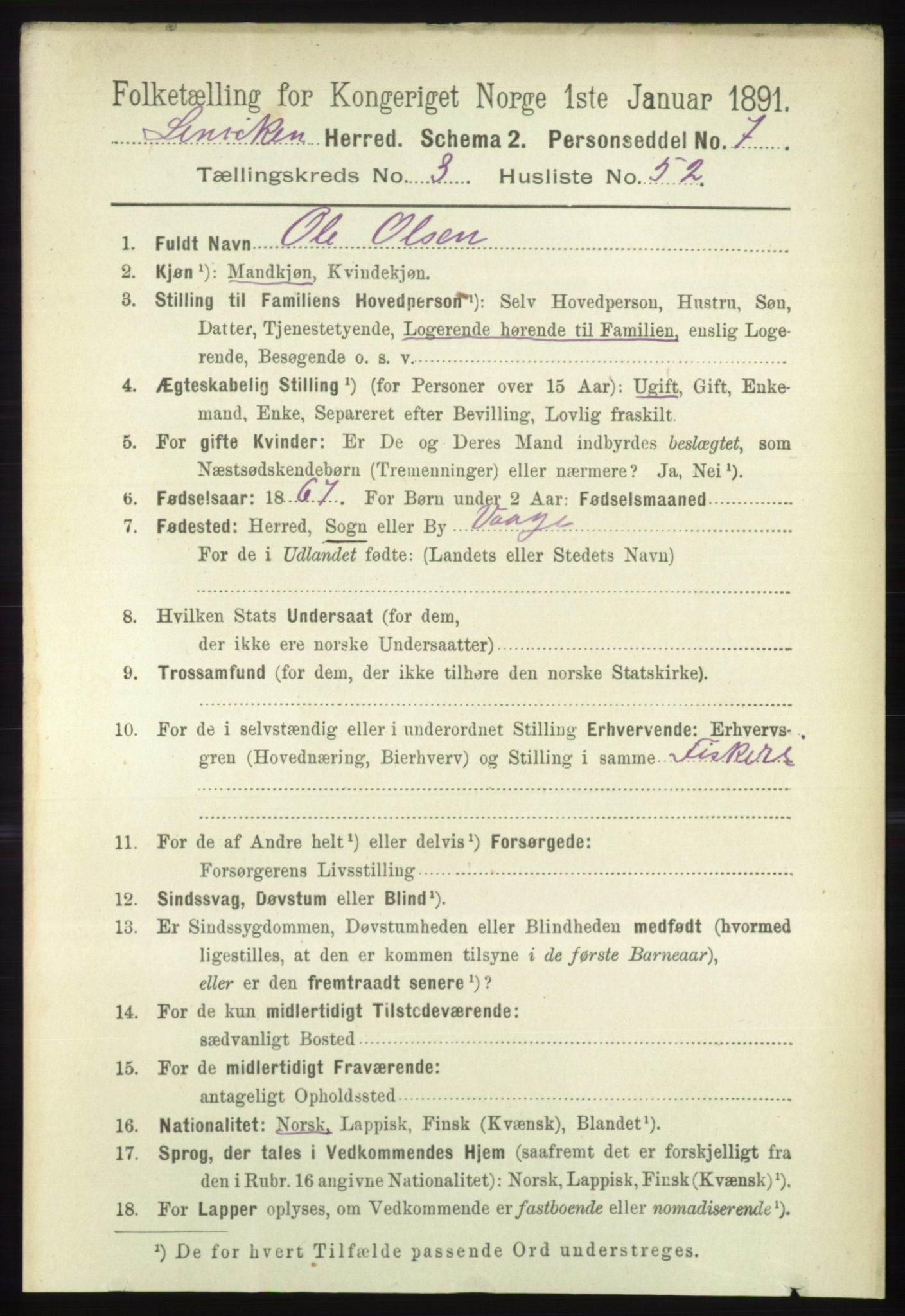 RA, 1891 census for 1931 Lenvik, 1891, p. 1711