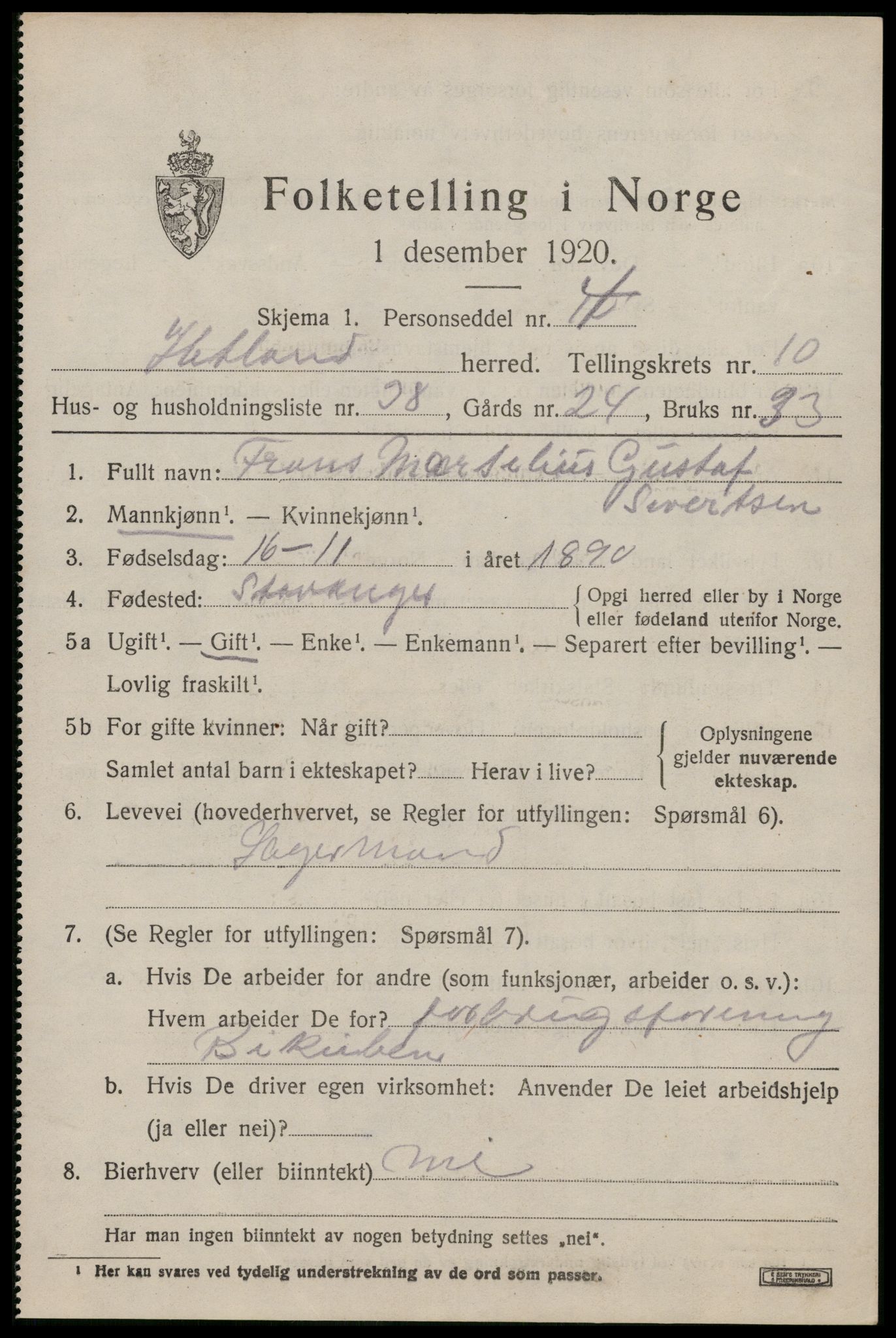 SAST, 1920 census for Hetland, 1920, p. 19403