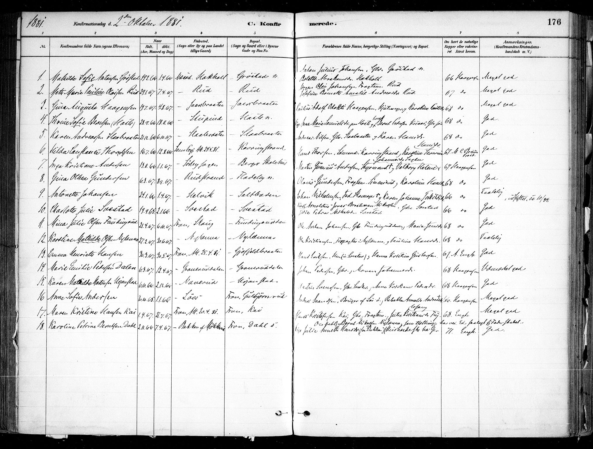 Nesodden prestekontor Kirkebøker, SAO/A-10013/F/Fa/L0009: Parish register (official) no. I 9, 1880-1915, p. 176