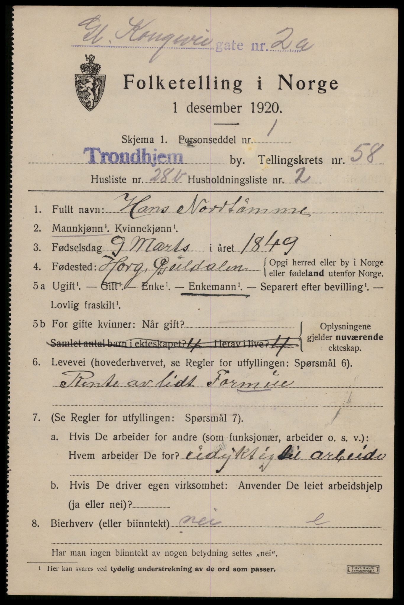 SAT, 1920 census for Trondheim, 1920, p. 118280