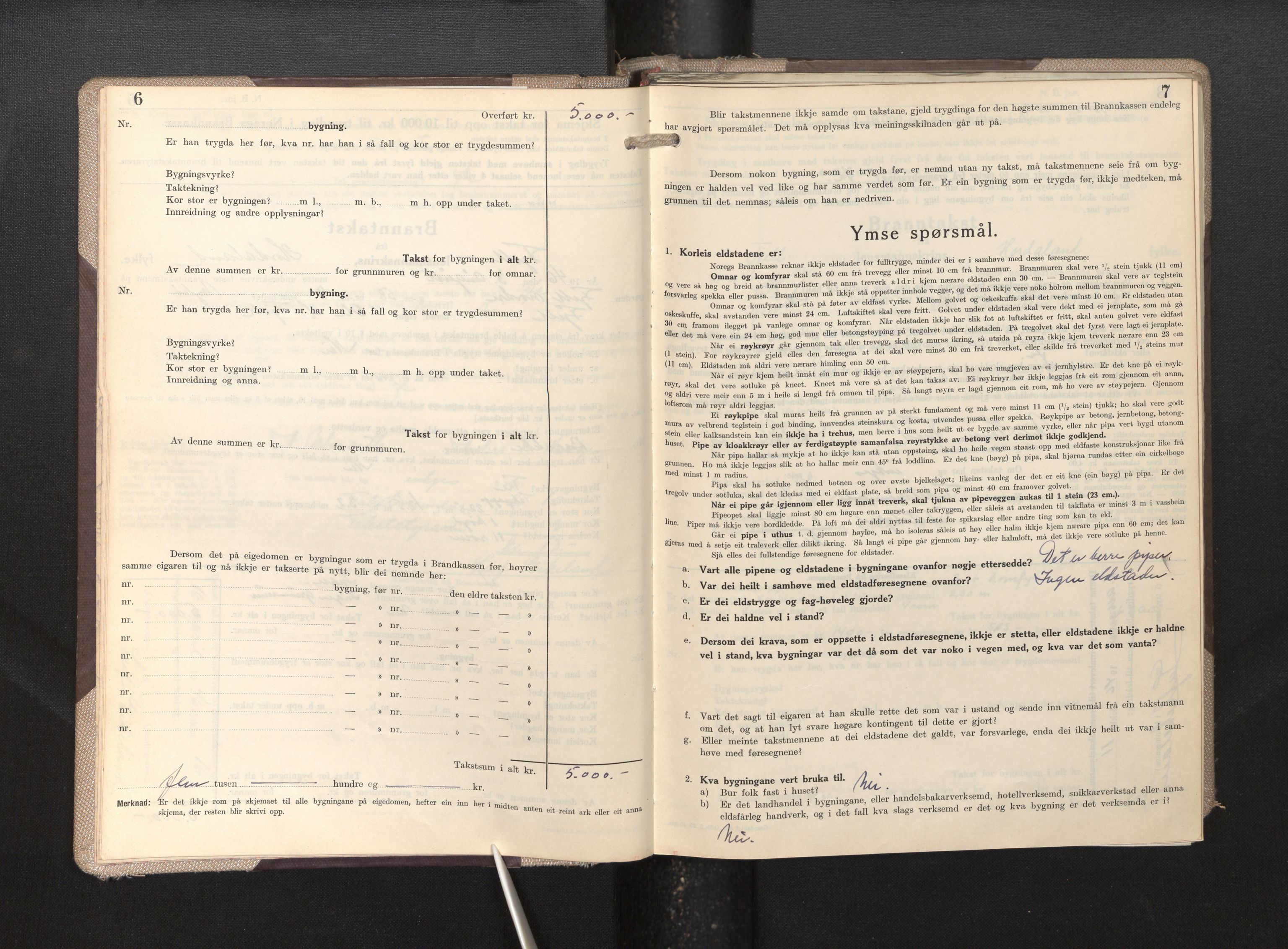 Lensmannen i Fjell, SAB/A-32301/0012/L0007: Branntakstprotokoll, skjematakst, 1946-1955, p. 6-7