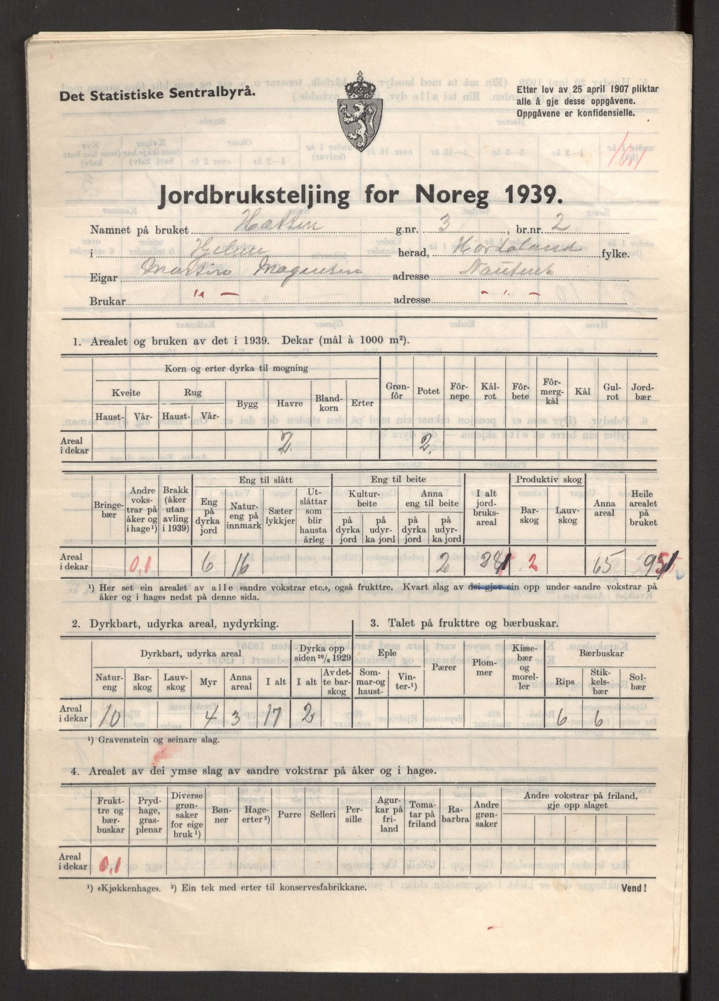 Statistisk sentralbyrå, Næringsøkonomiske emner, Jordbruk, skogbruk, jakt, fiske og fangst, AV/RA-S-2234/G/Gb/L0211: Hordaland: Herdla, Hjelme og Manger, 1939, p. 1343