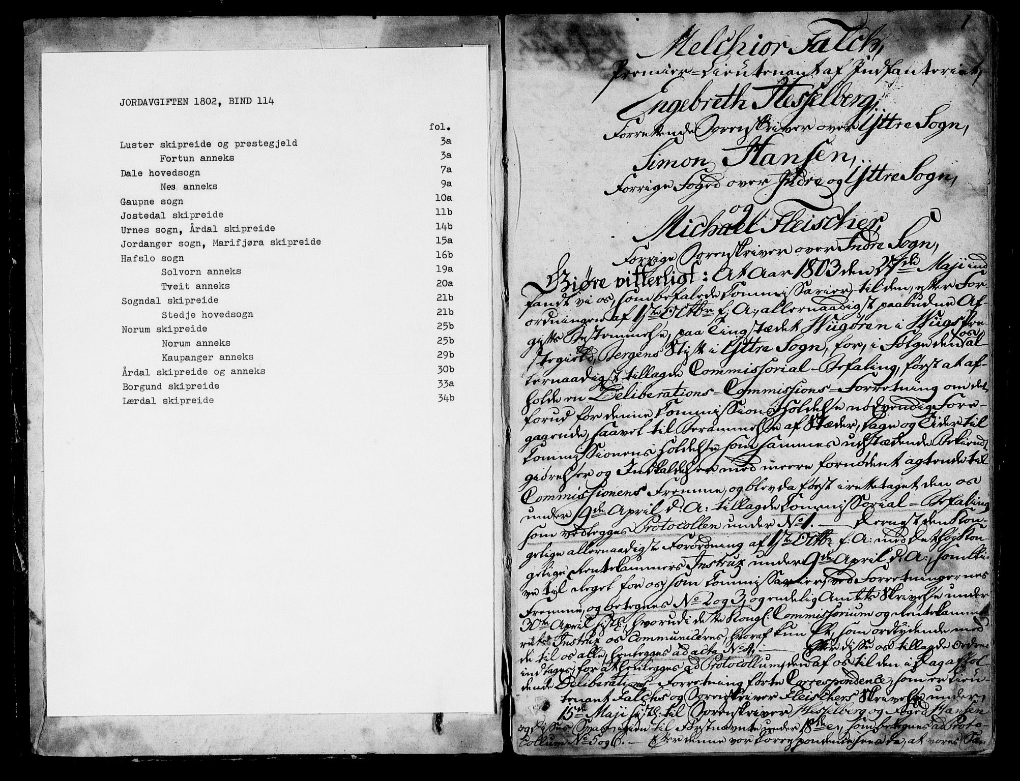Rentekammeret inntil 1814, Realistisk ordnet avdeling, RA/EA-4070/N/Ne/Nea/L0114: Ytre og Indre Sogn fogderi. Deliberasjonsprotokoll for Indre Sogns sorenskriveri, 1803, p. 2
