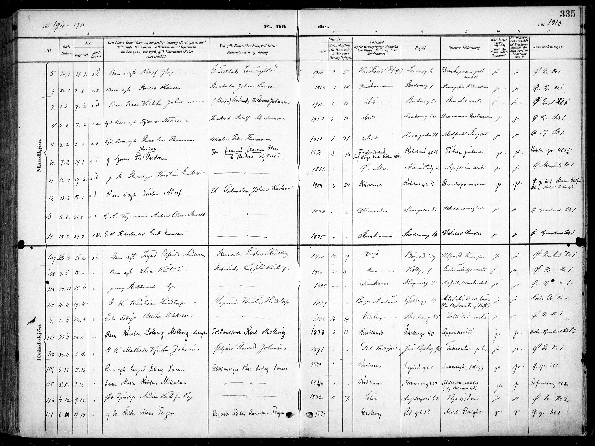 Kampen prestekontor Kirkebøker, SAO/A-10853/F/Fa/L0009: Parish register (official) no. I 9, 1899-1911, p. 335