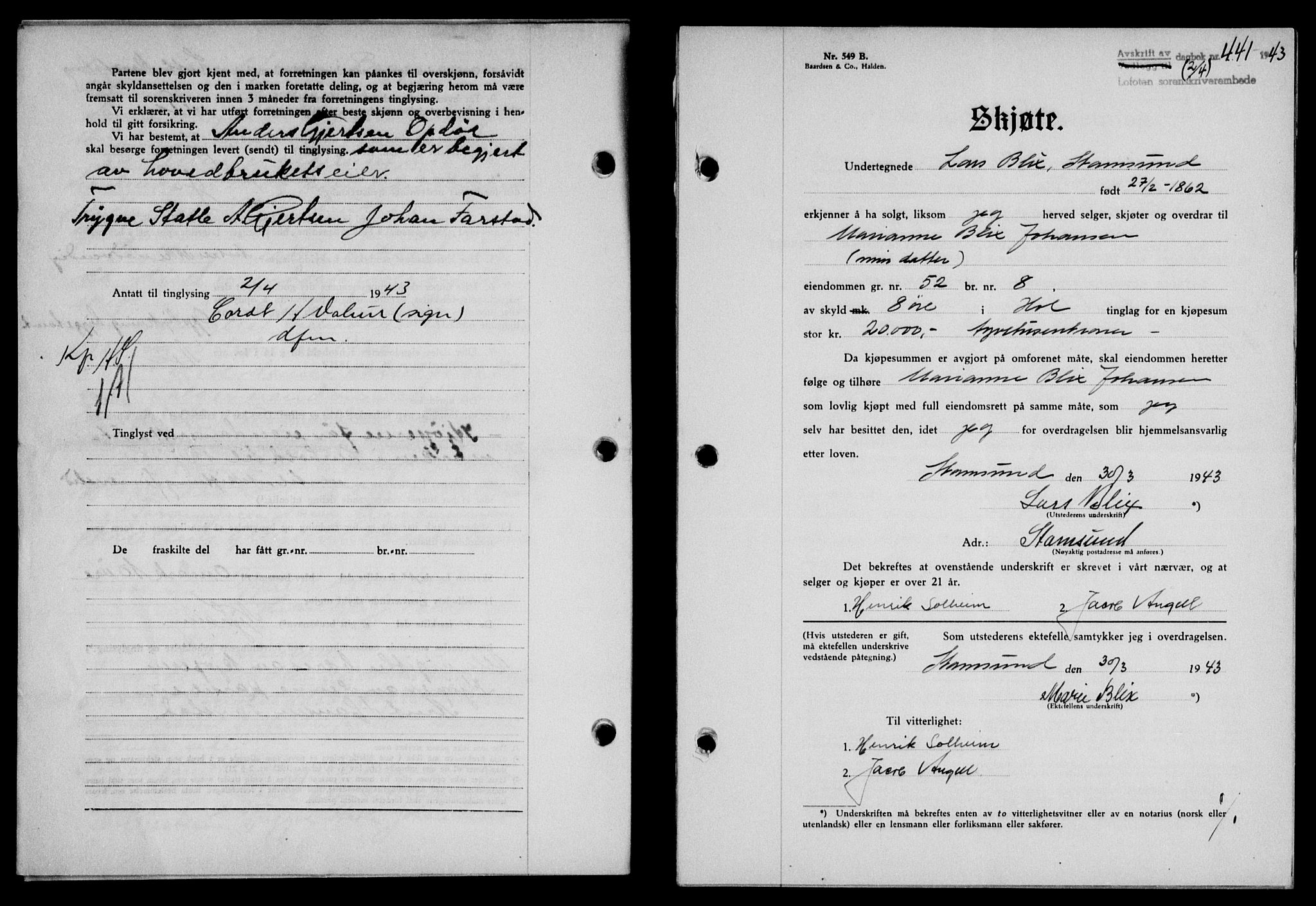 Lofoten sorenskriveri, SAT/A-0017/1/2/2C/L0011a: Mortgage book no. 11a, 1943-1943, Diary no: : 441/1943