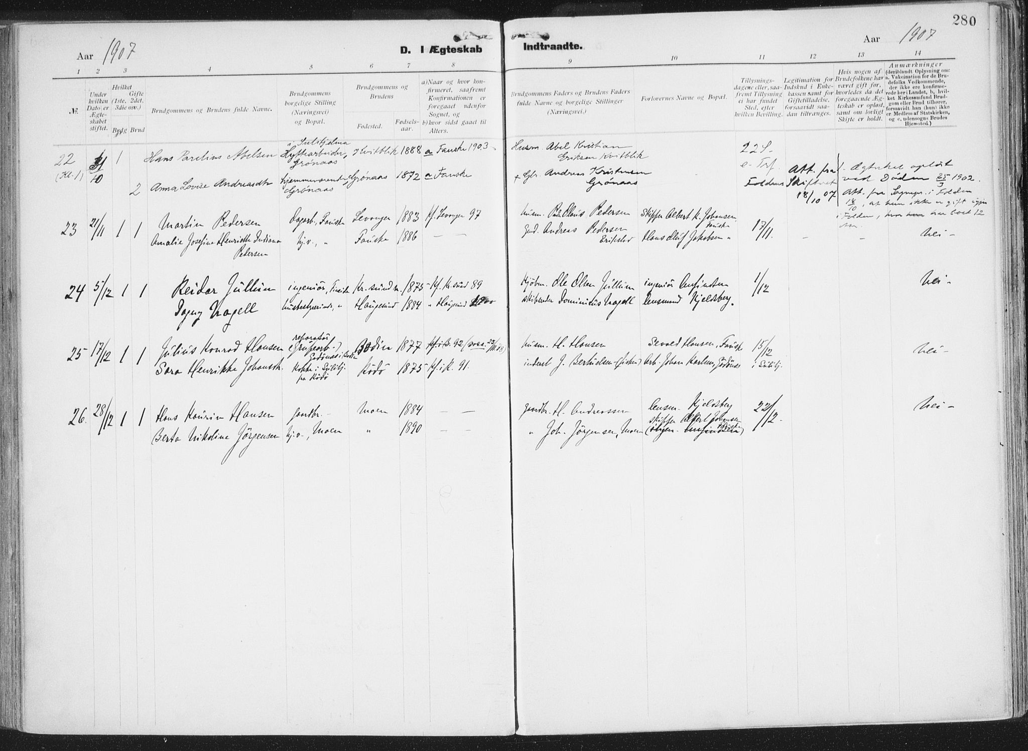 Ministerialprotokoller, klokkerbøker og fødselsregistre - Nordland, SAT/A-1459/849/L0696: Parish register (official) no. 849A08, 1898-1910, p. 280