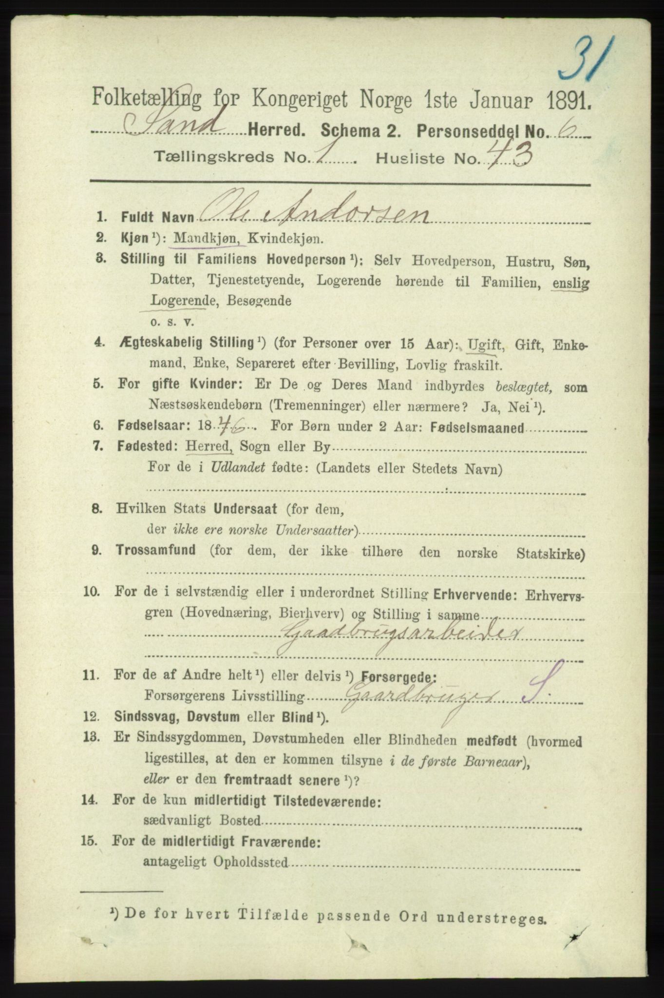 RA, 1891 census for 1136 Sand, 1891, p. 281