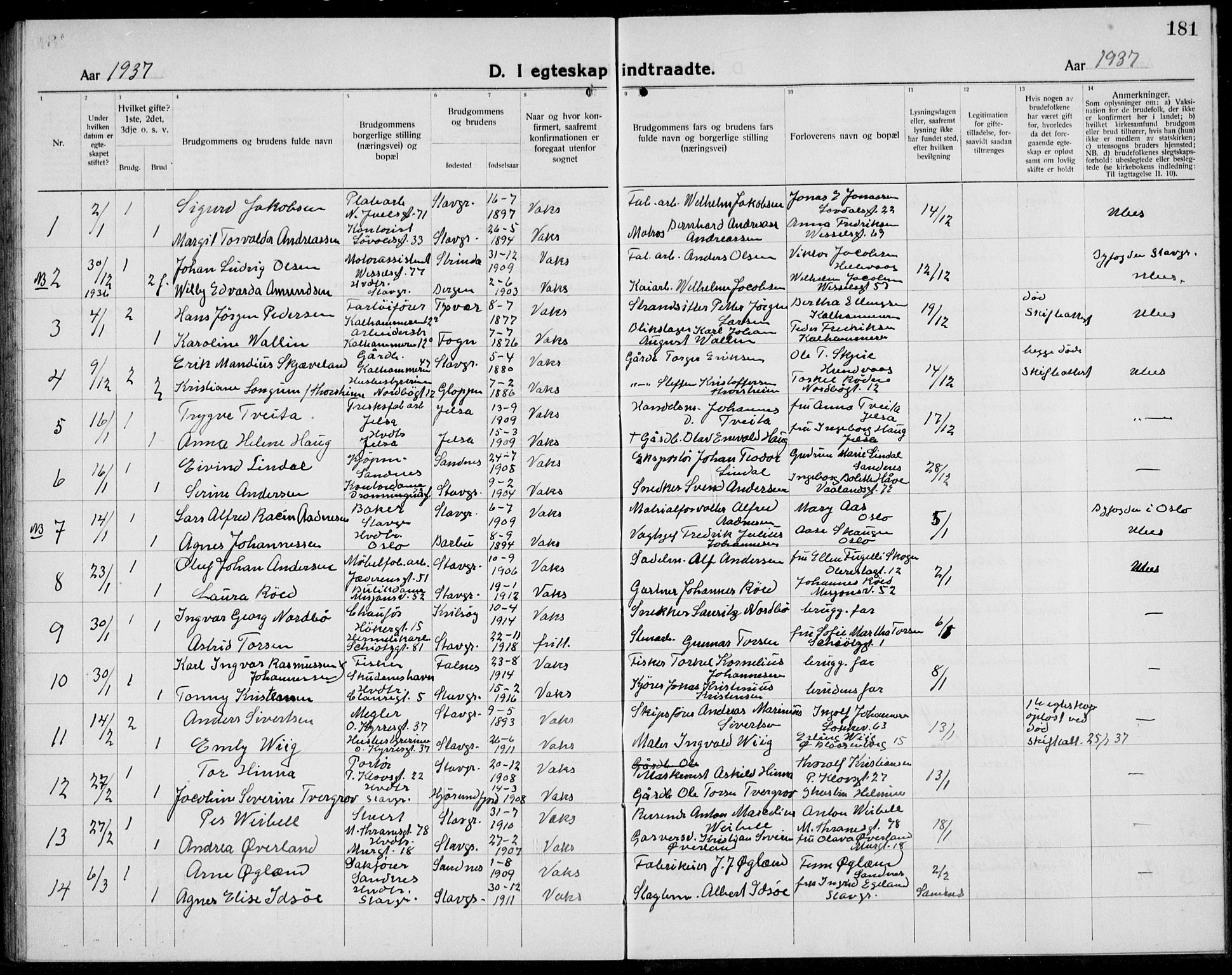 Domkirken sokneprestkontor, SAST/A-101812/001/30/30BB/L0020: Parish register (copy) no. B 20, 1921-1937, p. 181