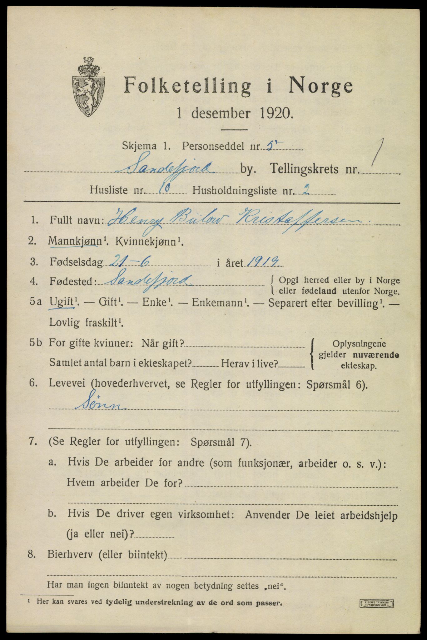 SAKO, 1920 census for Sandefjord, 1920, p. 4316