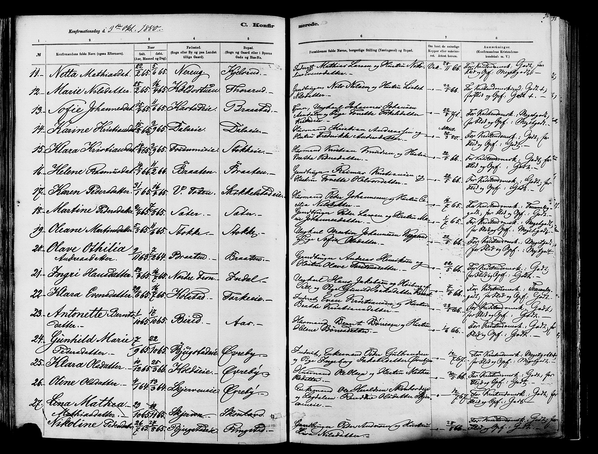 Vardal prestekontor, SAH/PREST-100/H/Ha/Haa/L0009: Parish register (official) no. 9, 1878-1892, p. 96