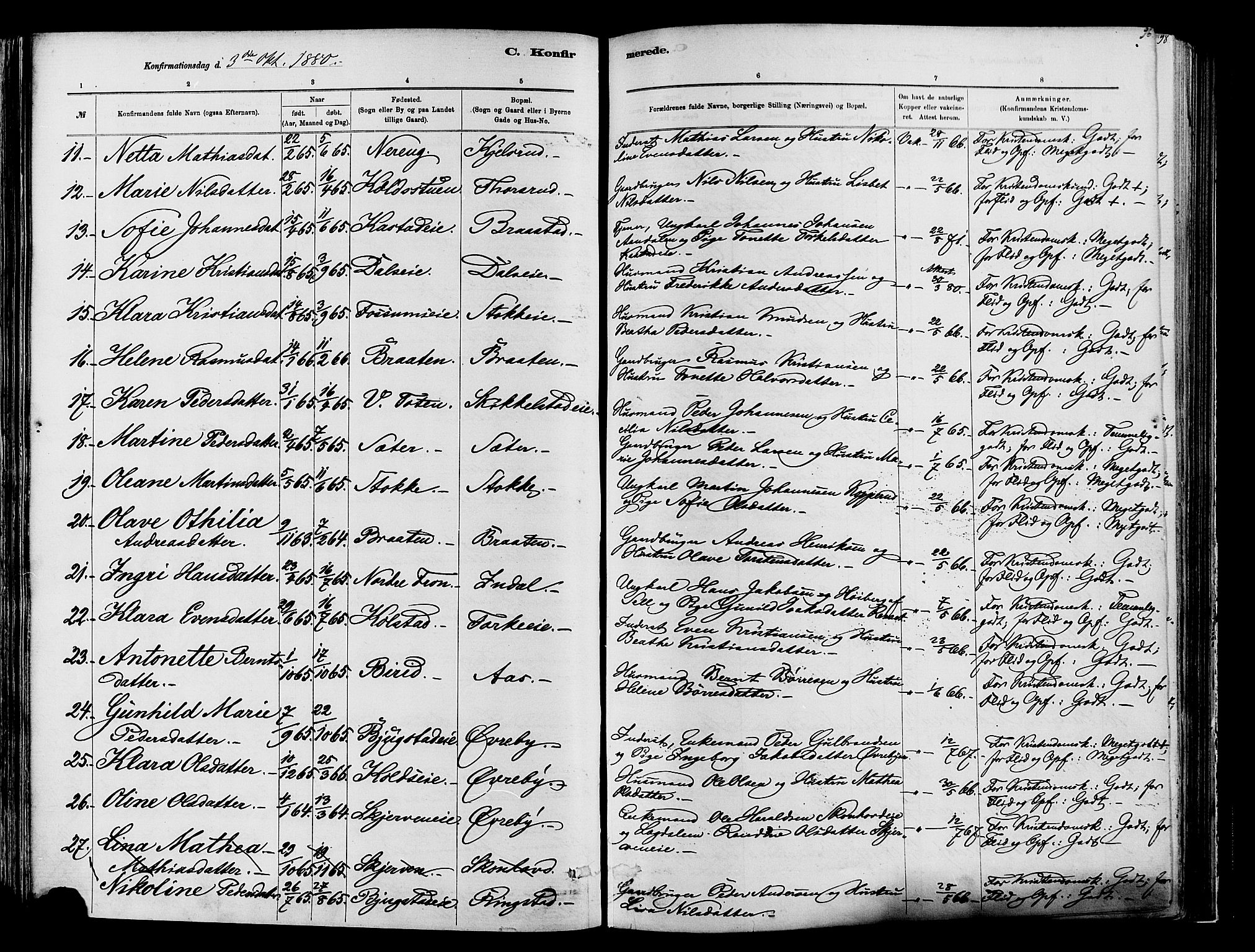 Vardal prestekontor, AV/SAH-PREST-100/H/Ha/Haa/L0009: Parish register (official) no. 9, 1878-1892, p. 96