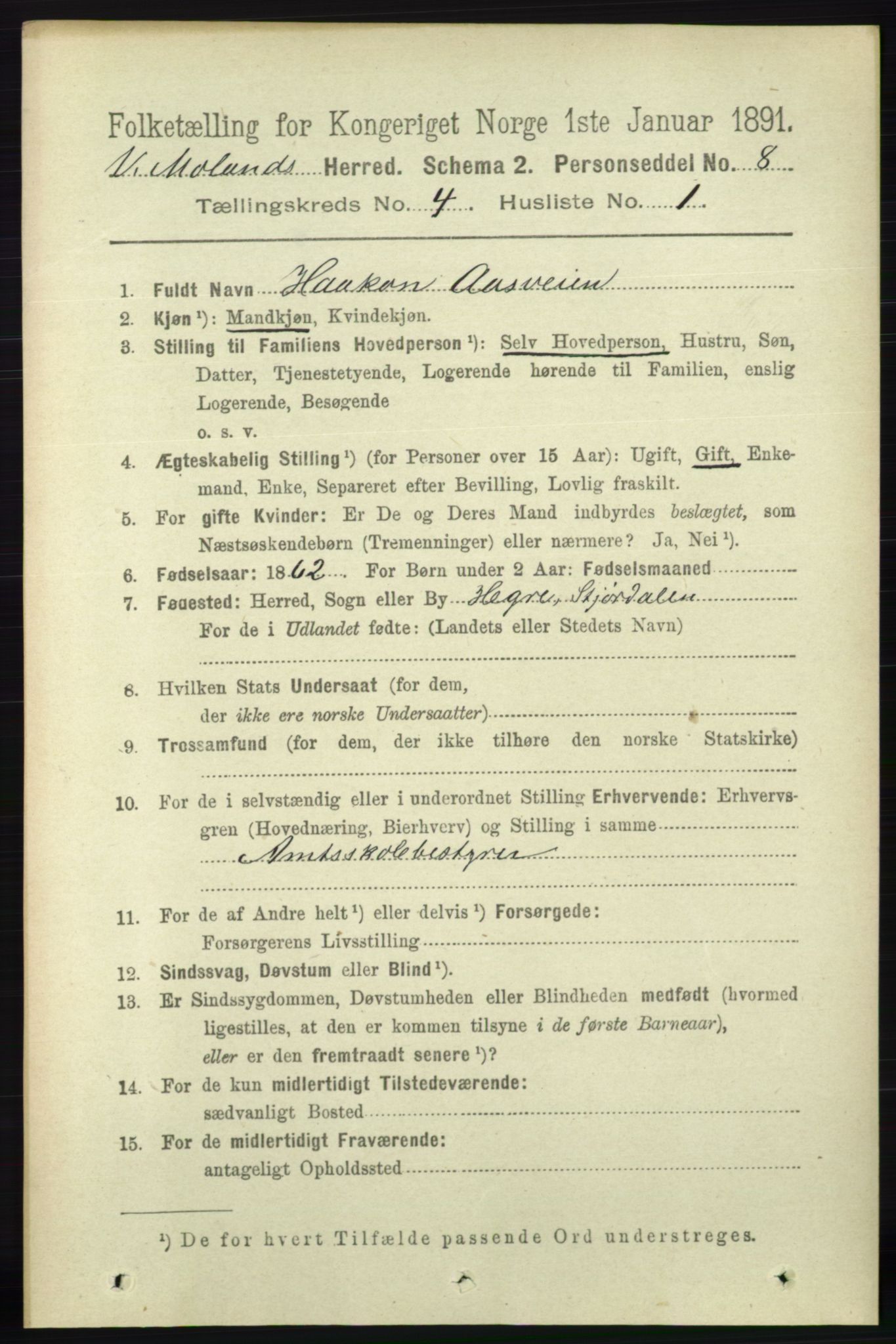 RA, 1891 census for 0926 Vestre Moland, 1891, p. 1231