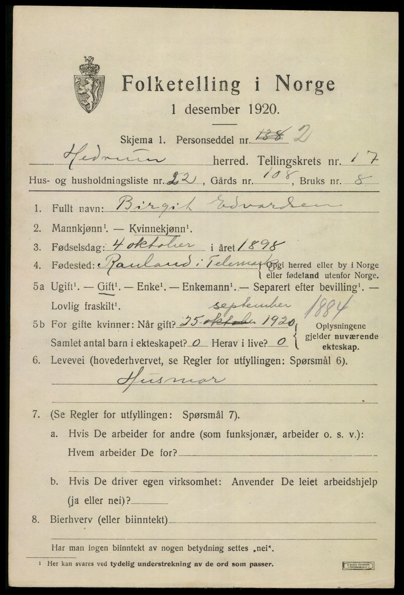 SAKO, 1920 census for Hedrum, 1920, p. 10787