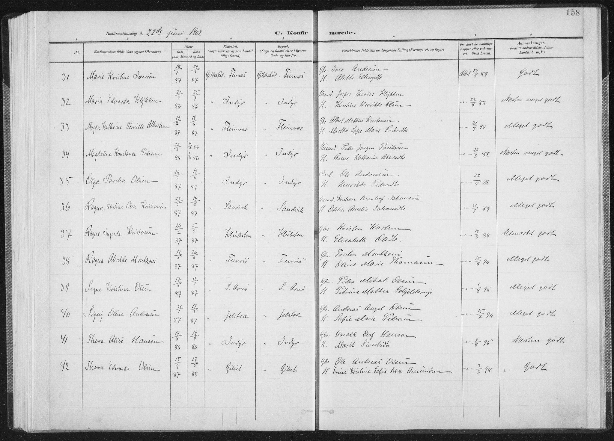 Ministerialprotokoller, klokkerbøker og fødselsregistre - Nordland, AV/SAT-A-1459/805/L0102: Parish register (official) no. 805A08I, 1900-1909, p. 158